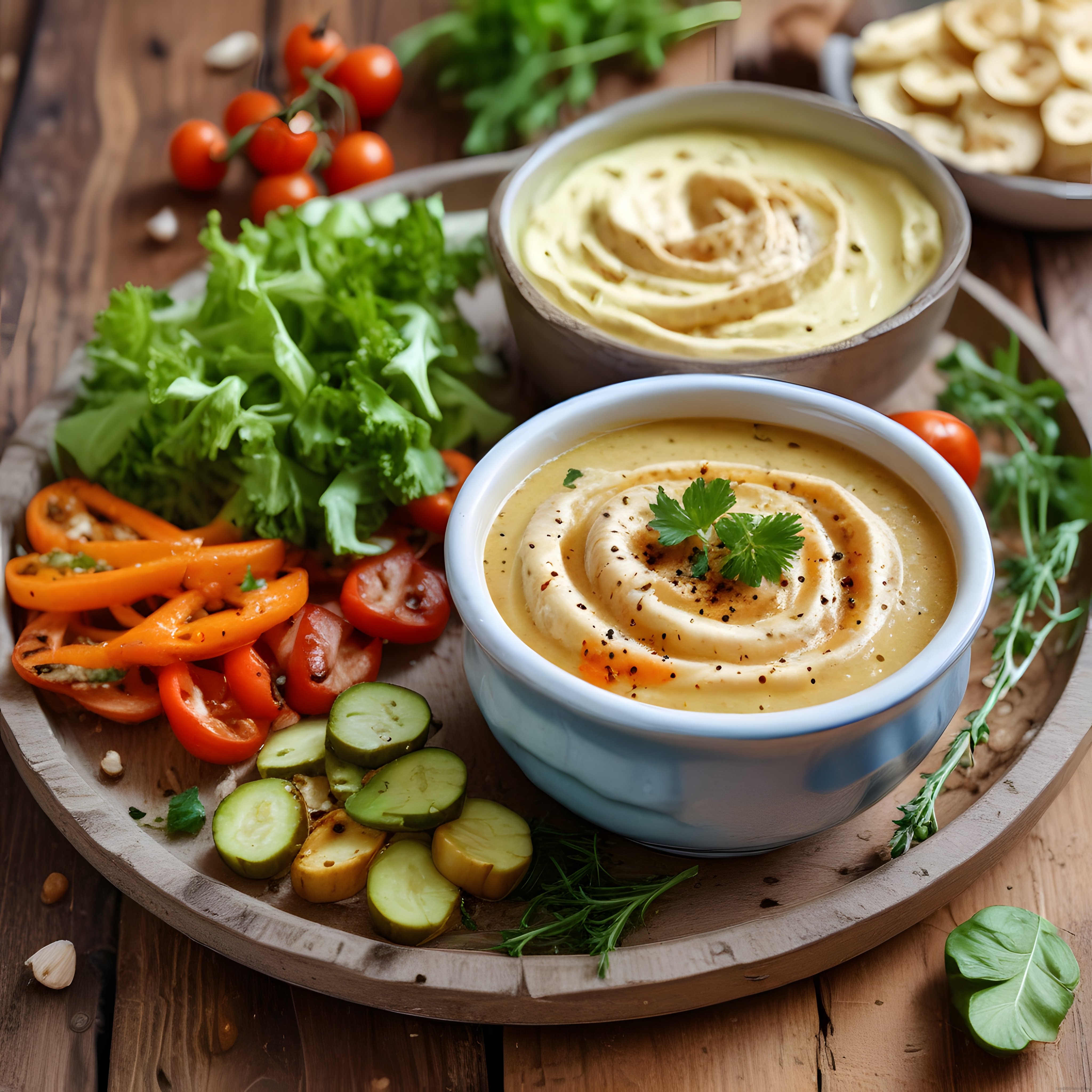 Ahşap Sunum Tahtasında Humus ve Taze Sebzelerle Sağlıklı Meze Ziyafeti