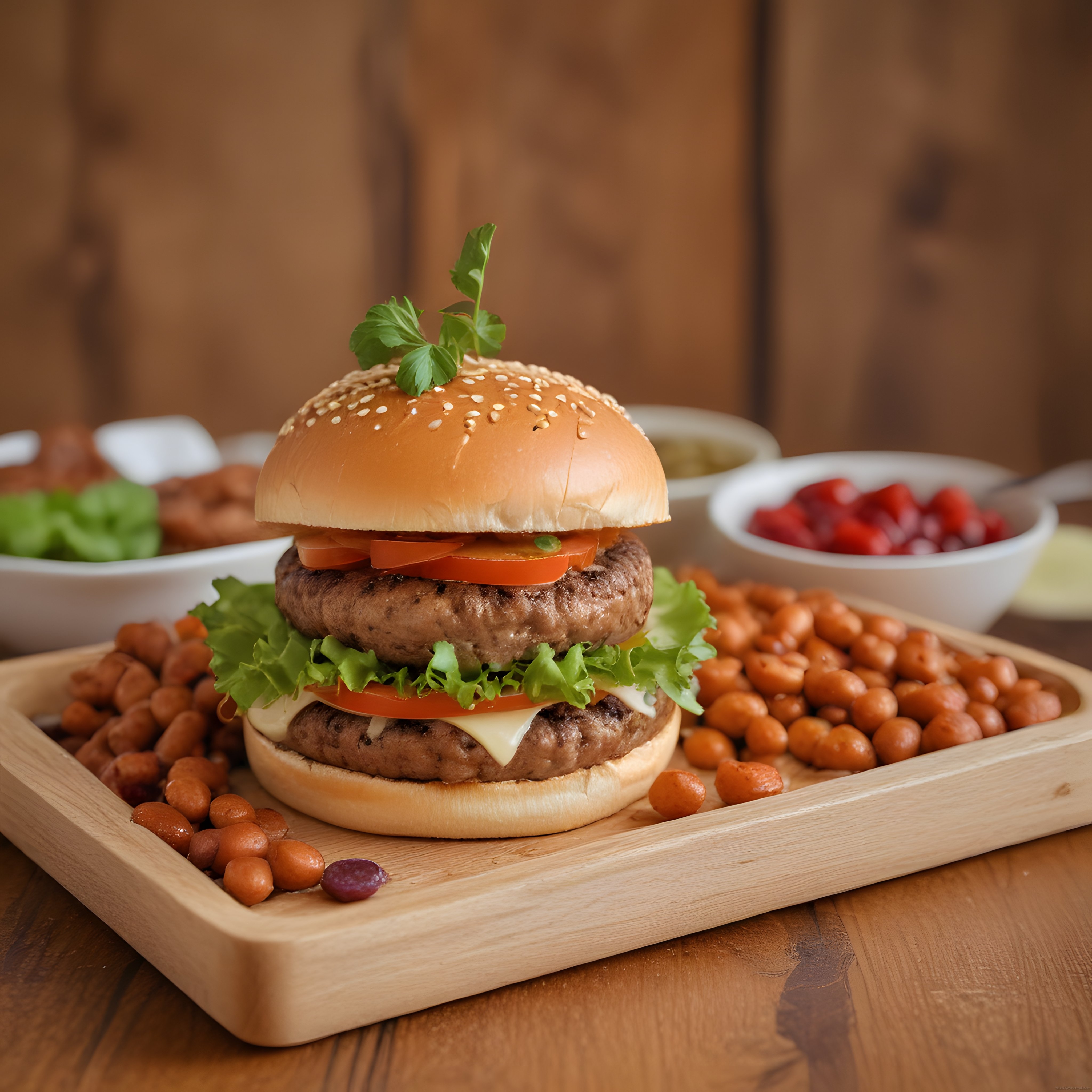 Ahşap Sunum Tahtasında İki Katlı Lezzetli Hamburger ve Fındık Eşliğinde