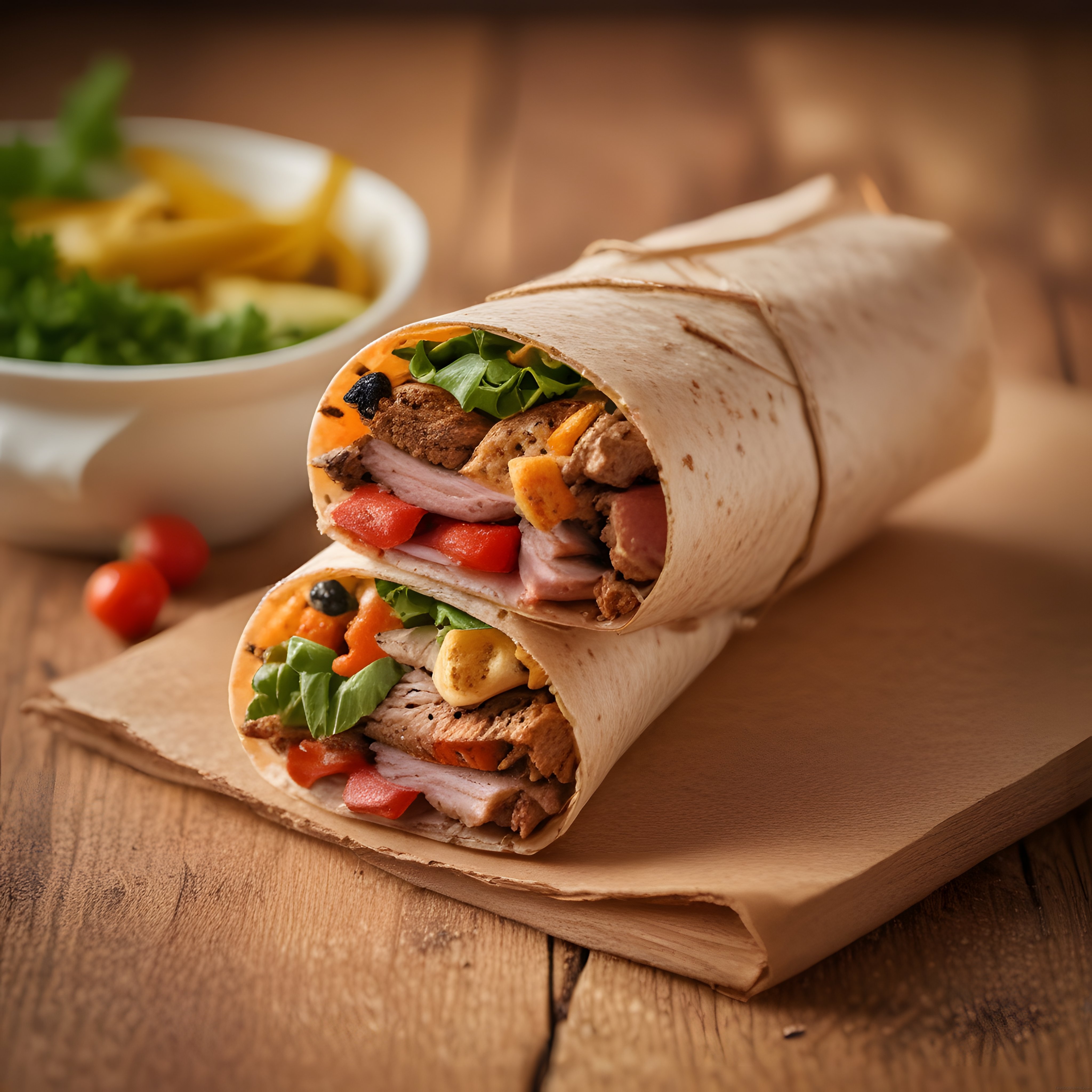Ahşap sunum tahtasında ikiye kesilmiş tavuklu sebzeli dürüm wrap tarifi