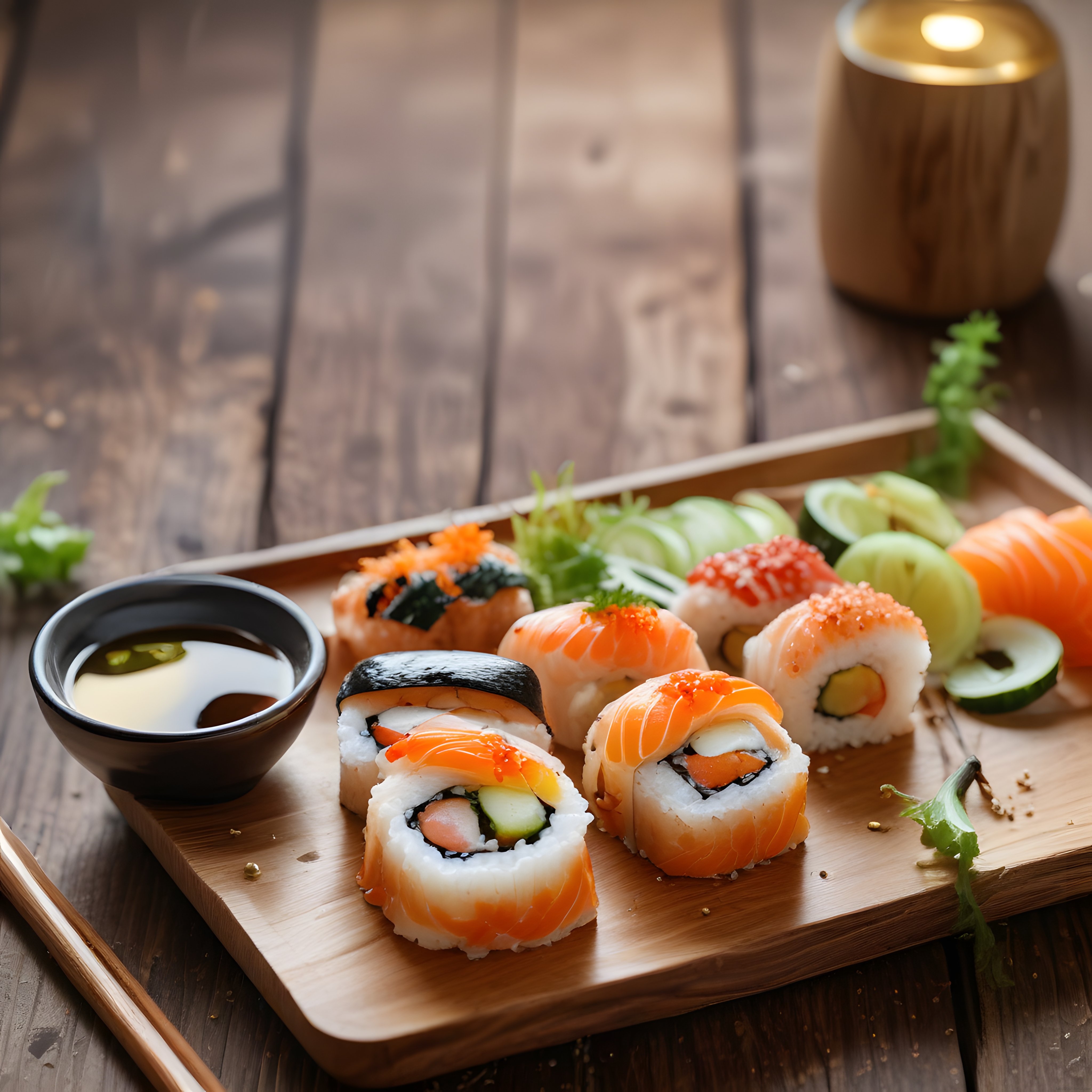 Ahşap Sunum Tahtasında Işıltılı Somonlu Sushi Çeşitleri ve Soya Sosu Eşliğinde
