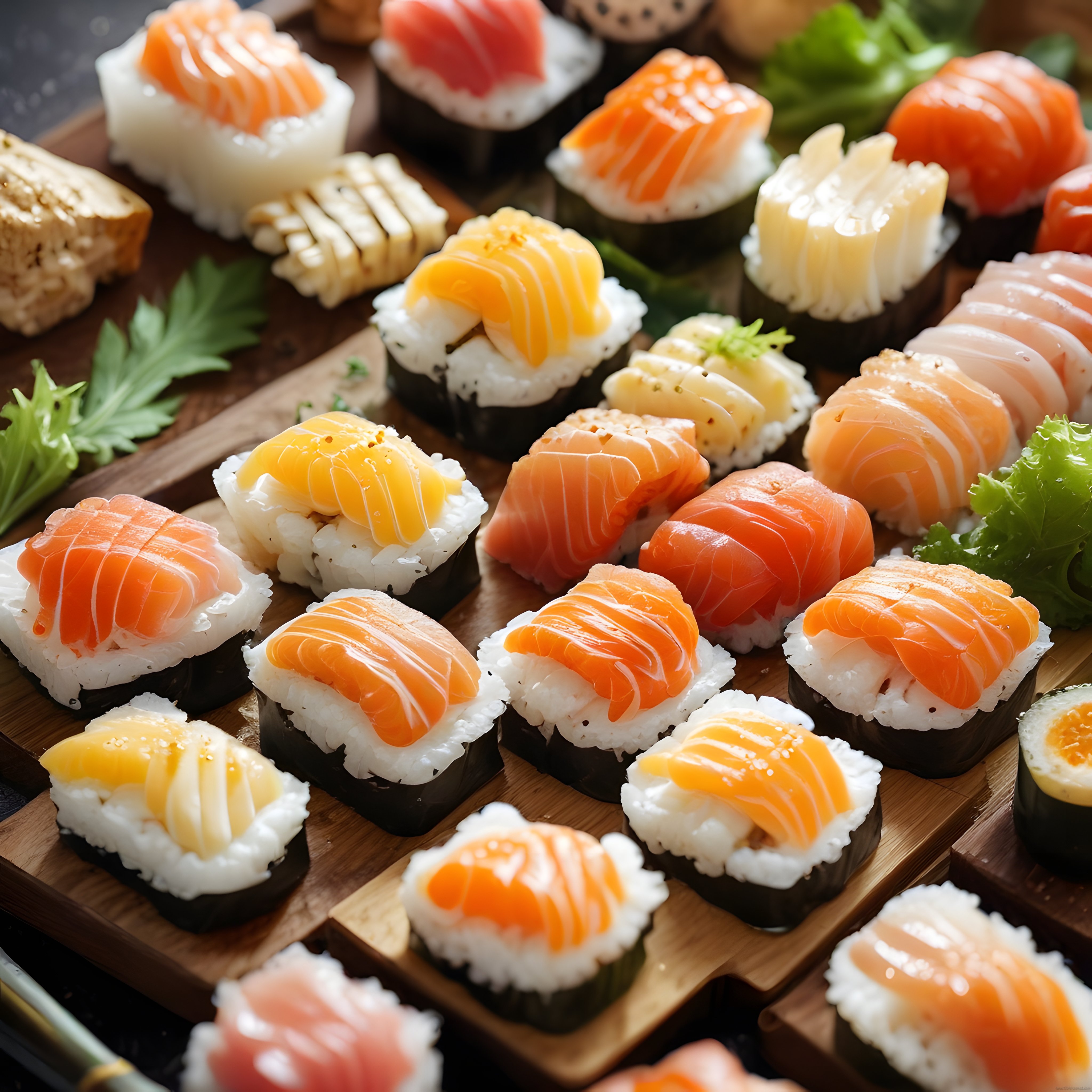 Ahşap Sunum Tahtasında Işıltılı Somonlu ve Ton Balıklı Nigiri Sushi Keyfi