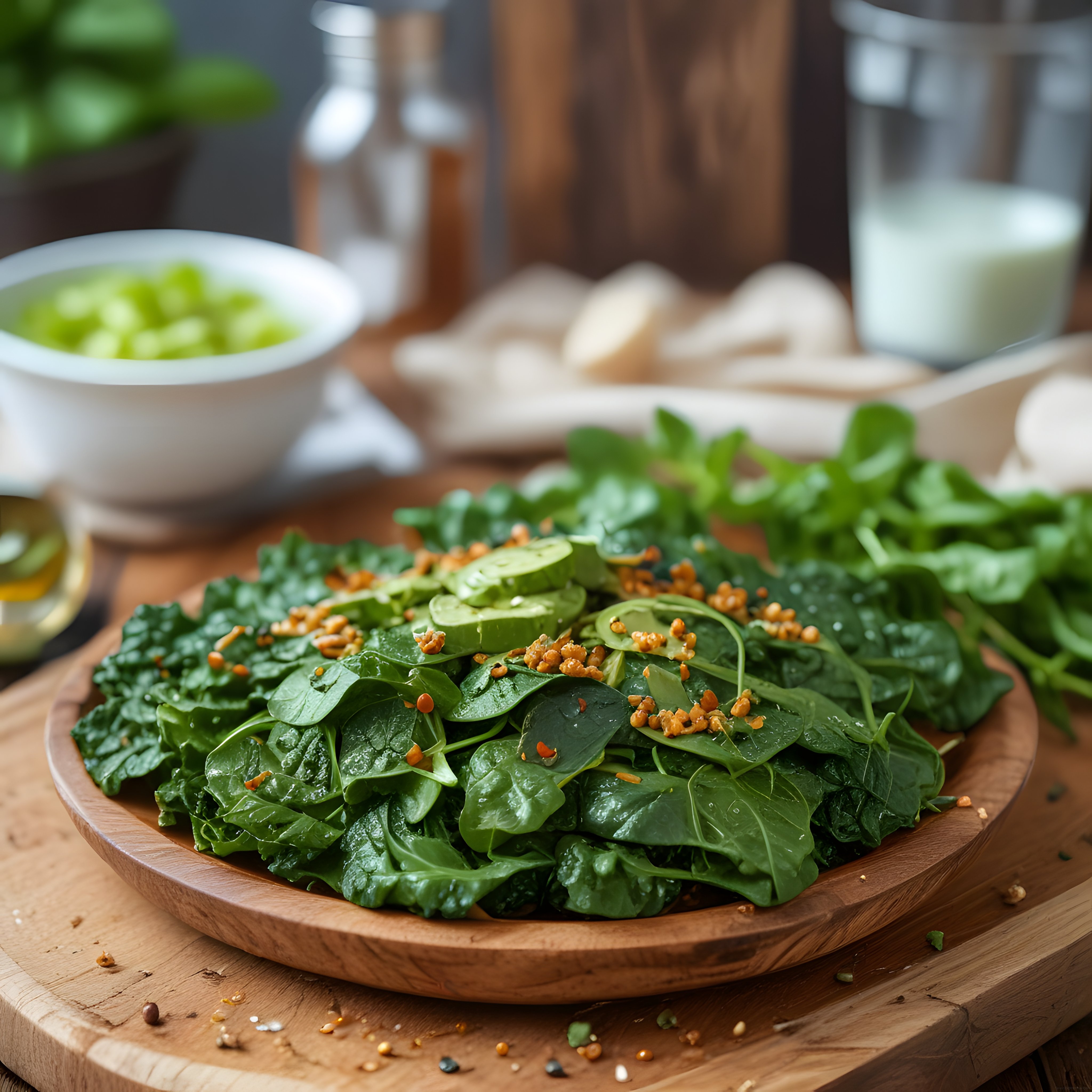 Ahşap Sunum Tahtasında Ispanak Roka Avokado ve Kıtır Toppingli Salata