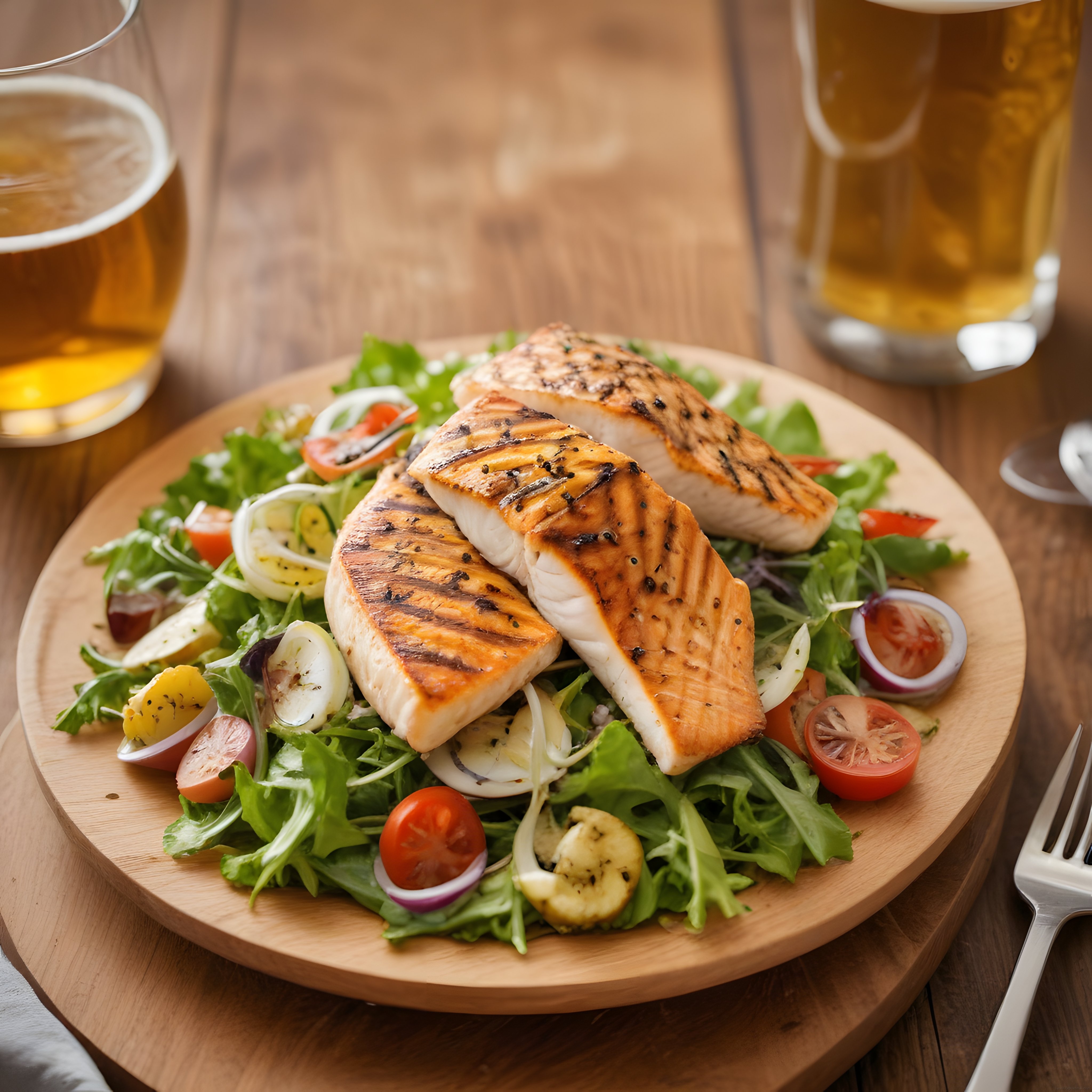 Ahşap Sunum Tahtasında Izgara Balık Fileto ve Bira Eşliğinde Taze Salata
