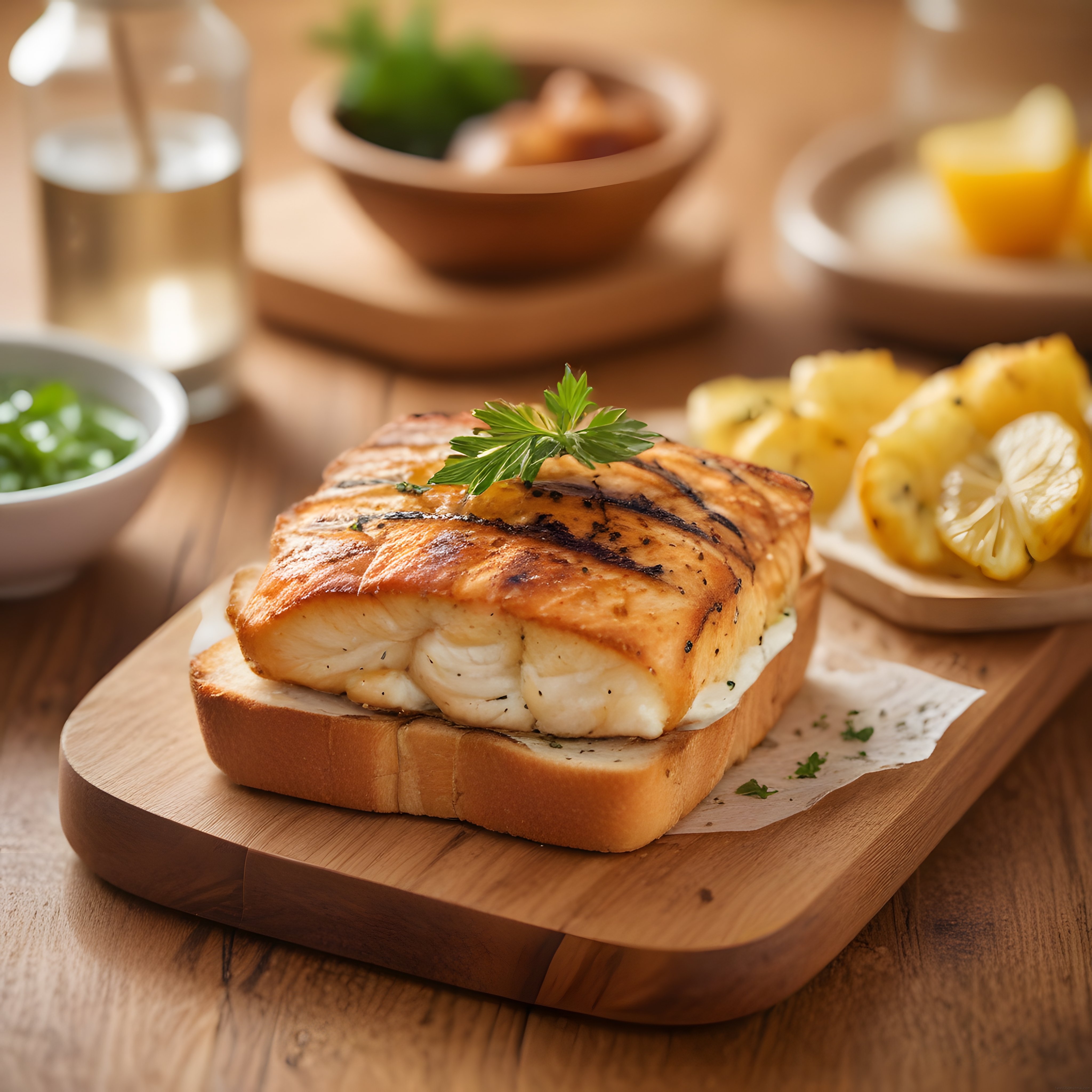 Ahşap Sunum Tahtasında Izgara Balık Tost Ekmek ve Limonlu Patates