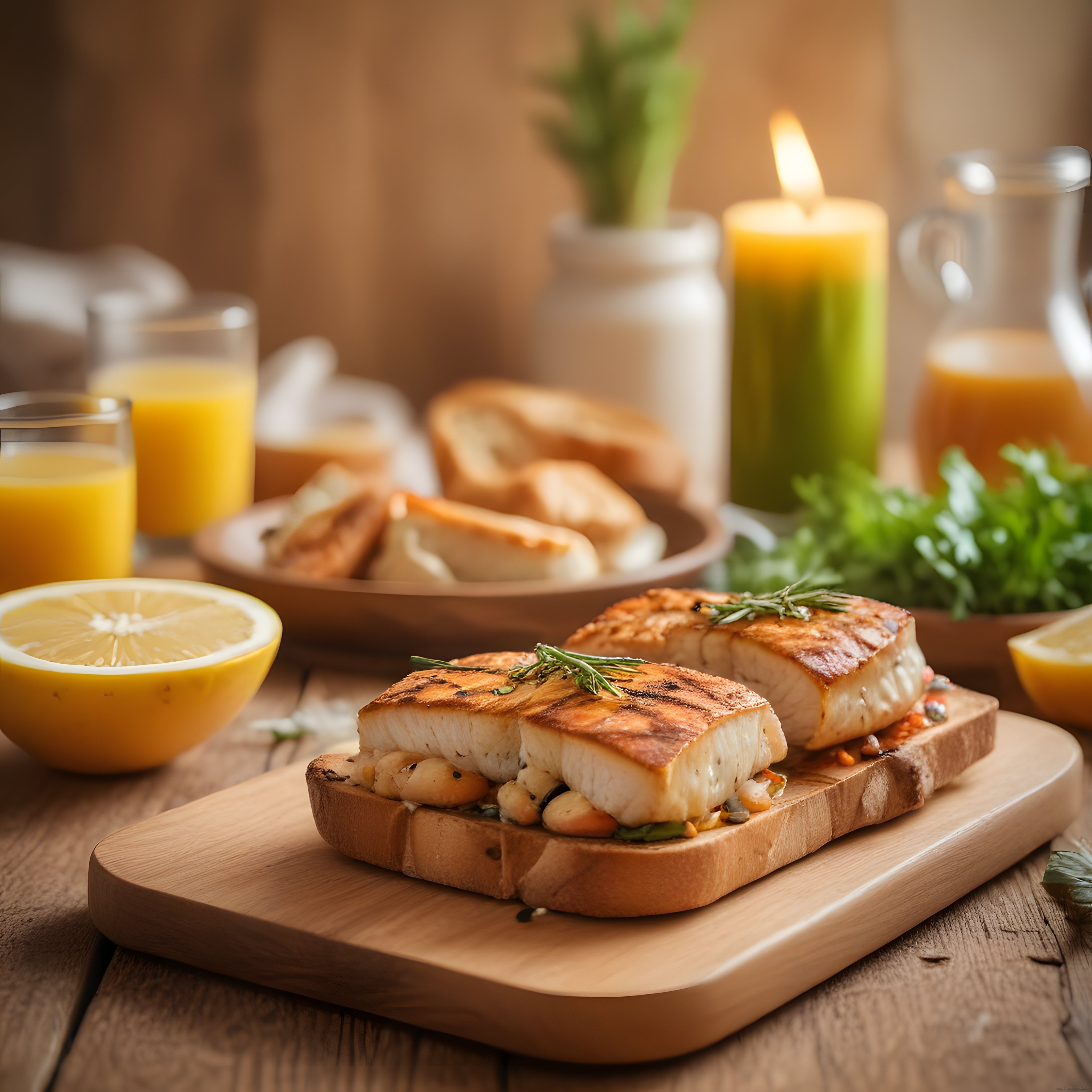 Ahşap Sunum Tahtasında Izgara Balıklı Tost ve Sıcak Meyve Suyu