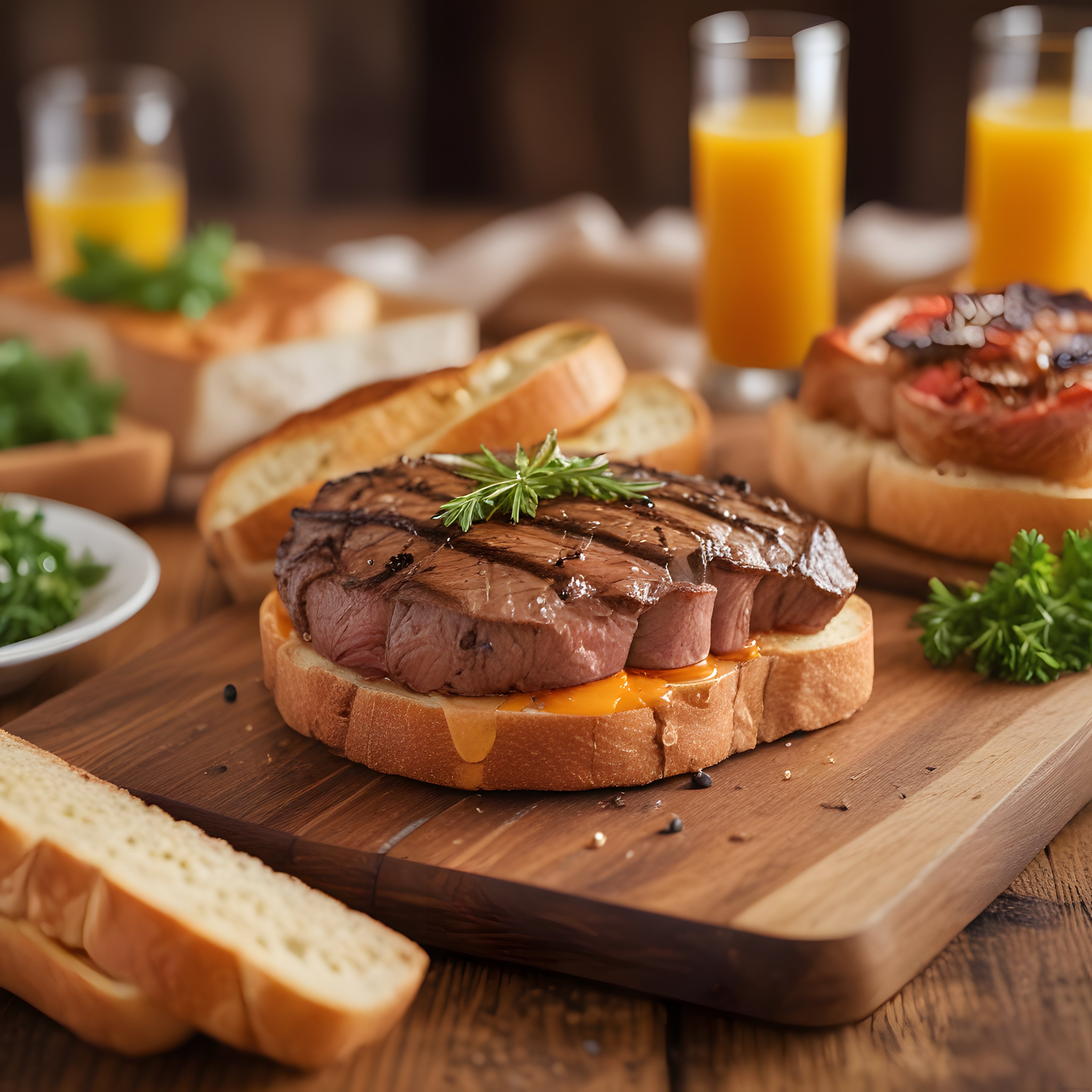 Ahşap Sunum Tahtasında Izgara Biftek Dilimi ve Taze Ekmek ile Sıcak Kahvaltı Masası