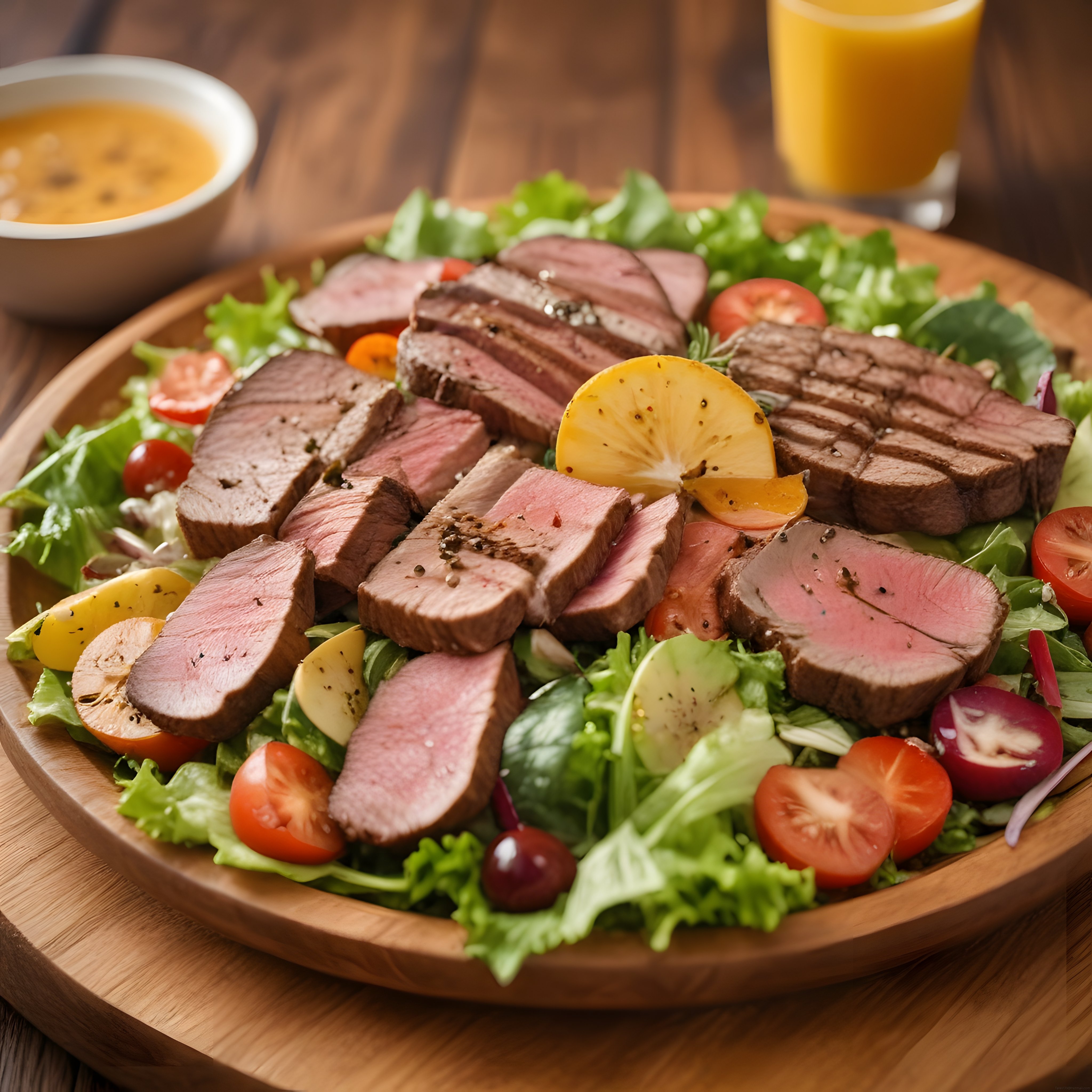 Ahşap Sunum Tahtasında Izgara Biftek Dilimleri ve Taptaze Salata