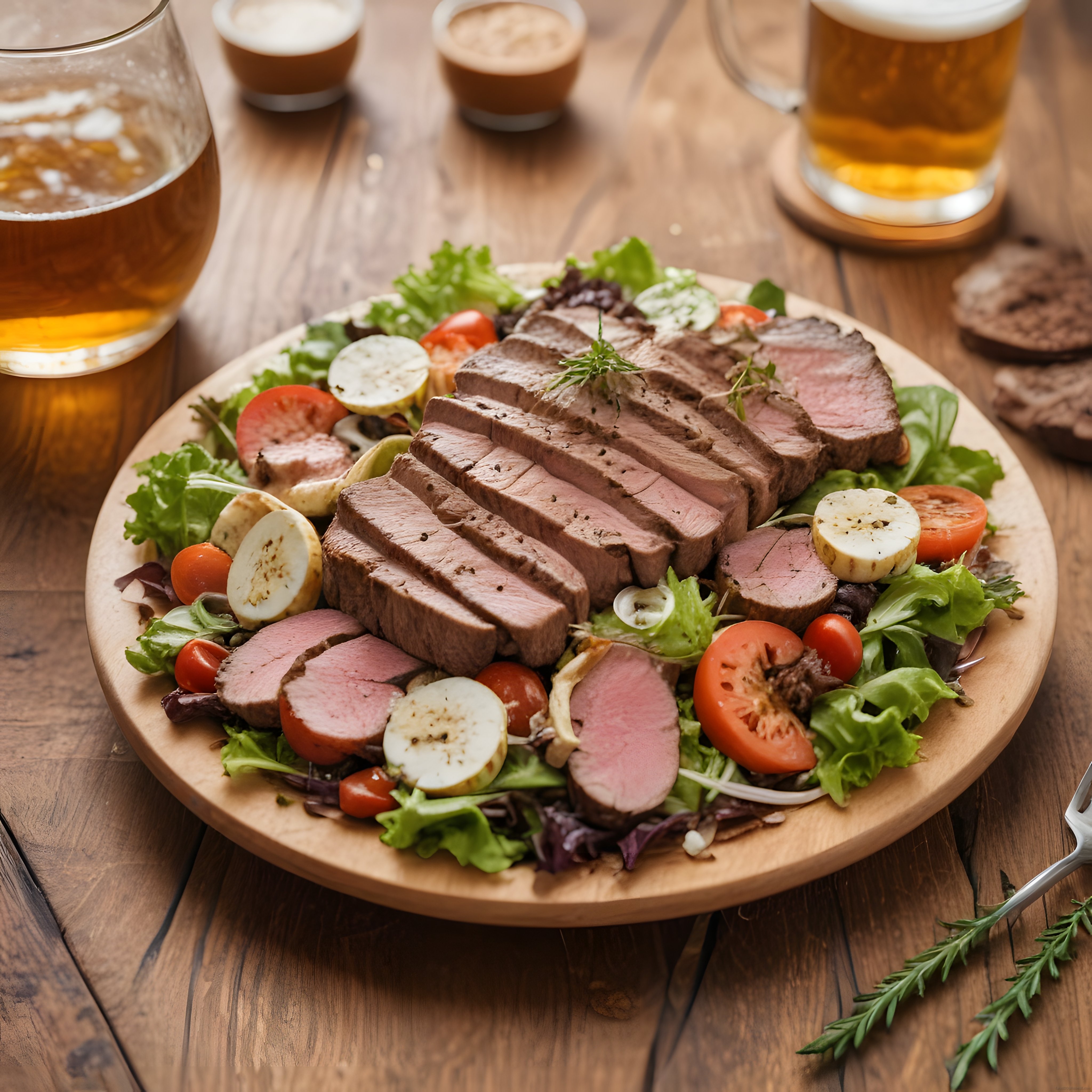 Ahşap Sunum Tahtasında Izgara Biftek ve Taze Salata ile Bira Eşliğinde Yemek