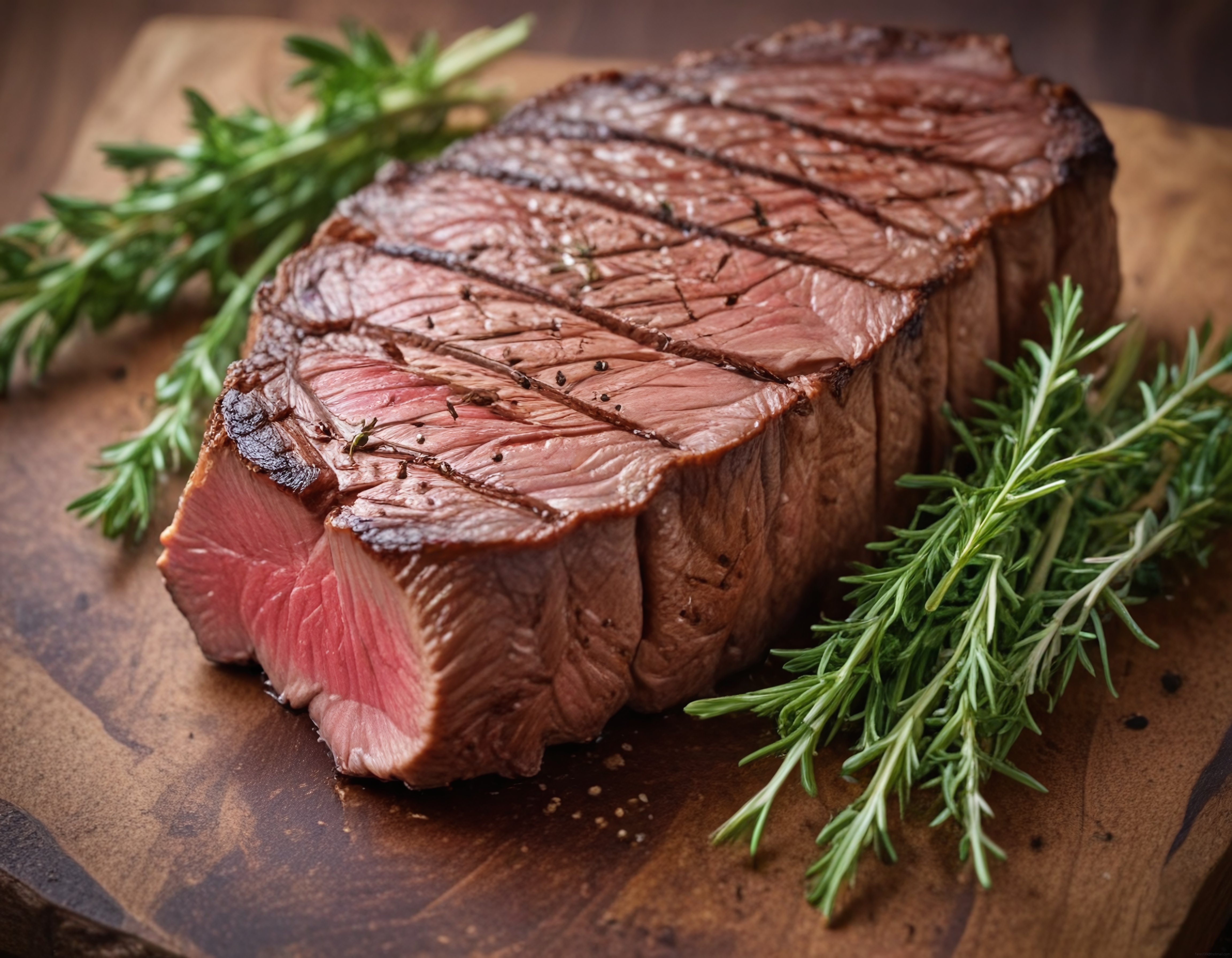 Ahşap Sunum Tahtasında Izgara Dana Steak ve Taze Biberiye Dalları
