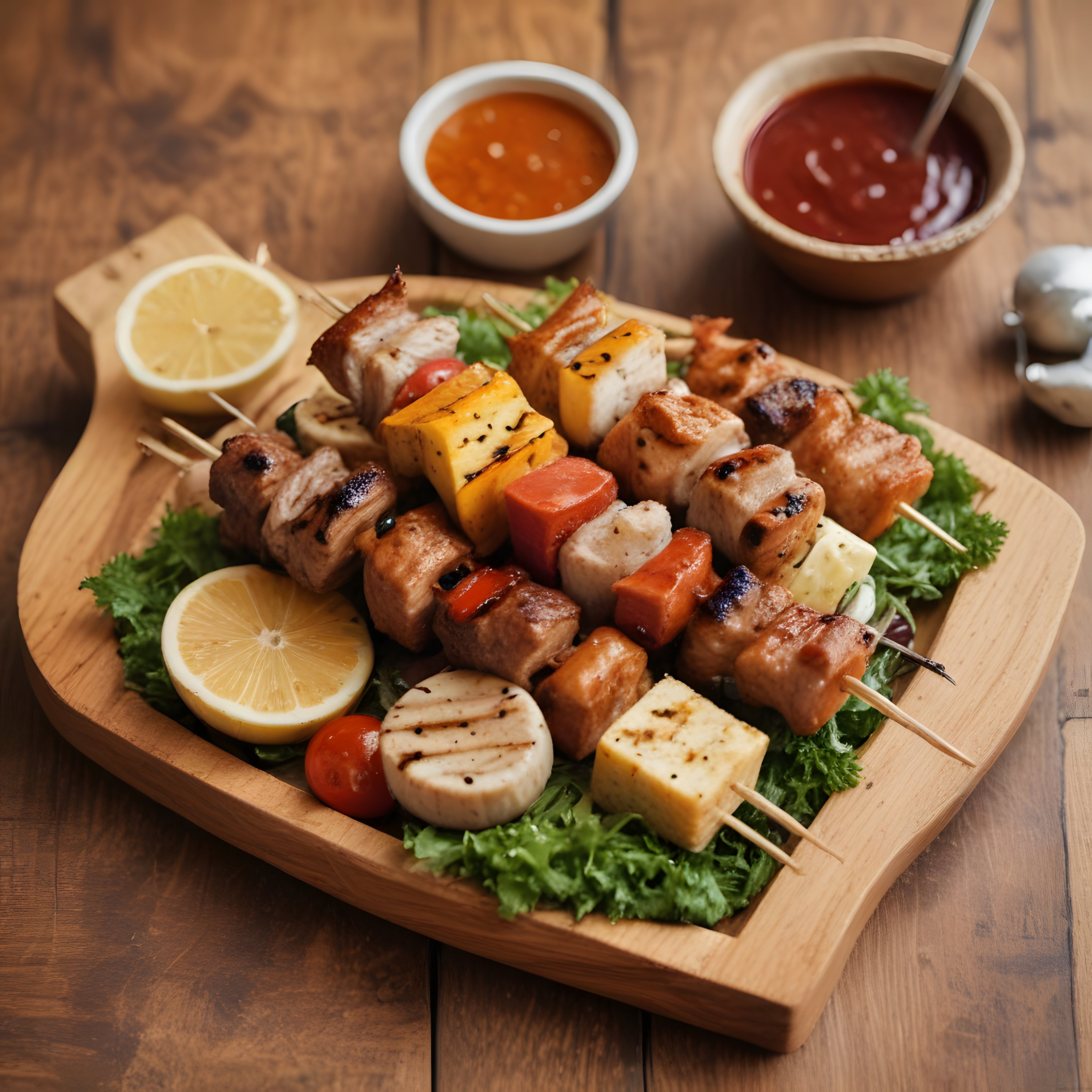 Ahşap Sunum Tahtasında Izgara Edilmiş Renkli Şiş Kebap ve Özel Soslar