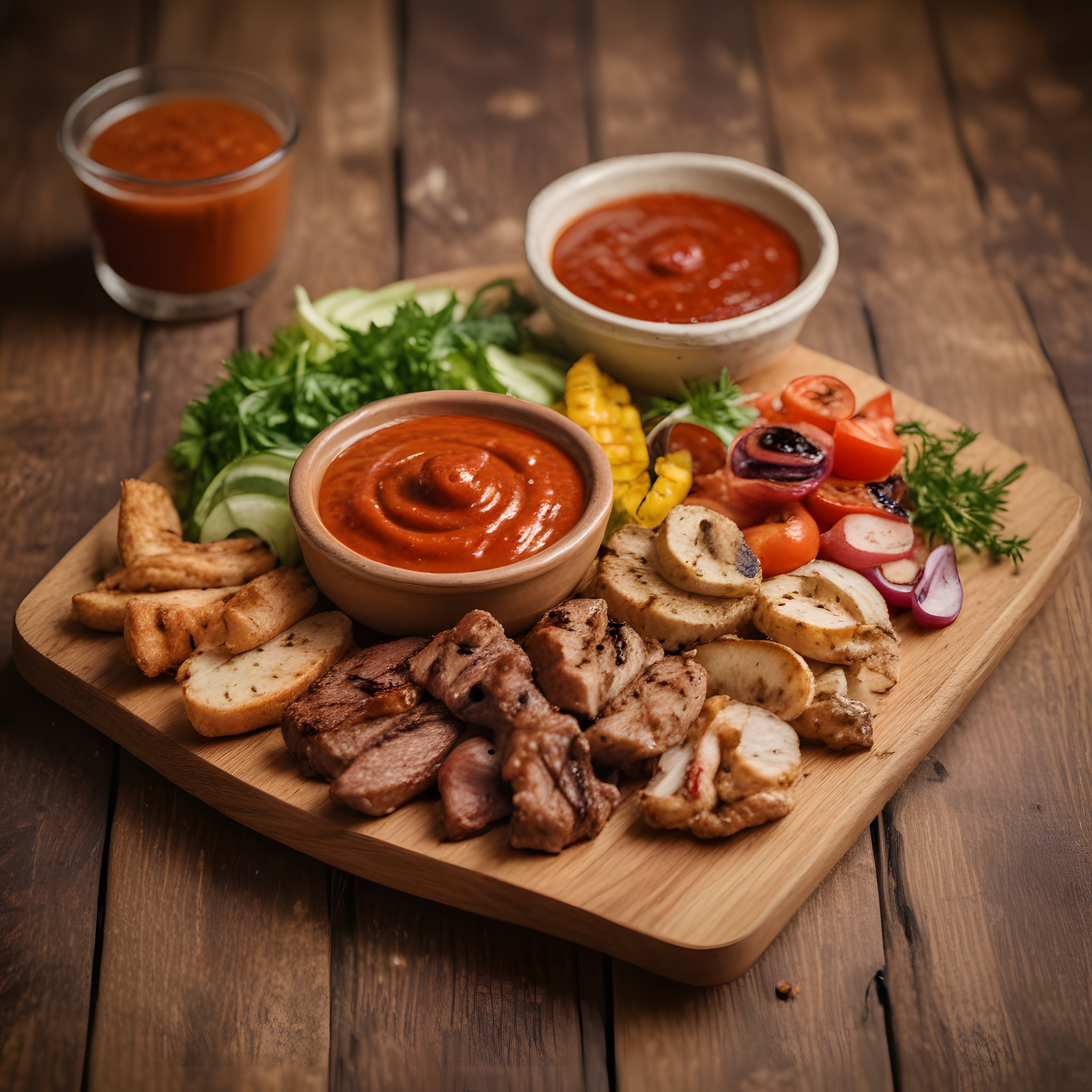 Ahşap Sunum Tahtasında Izgara Et Çeşitleri ve Ev Yapımı Barbekü Sosları