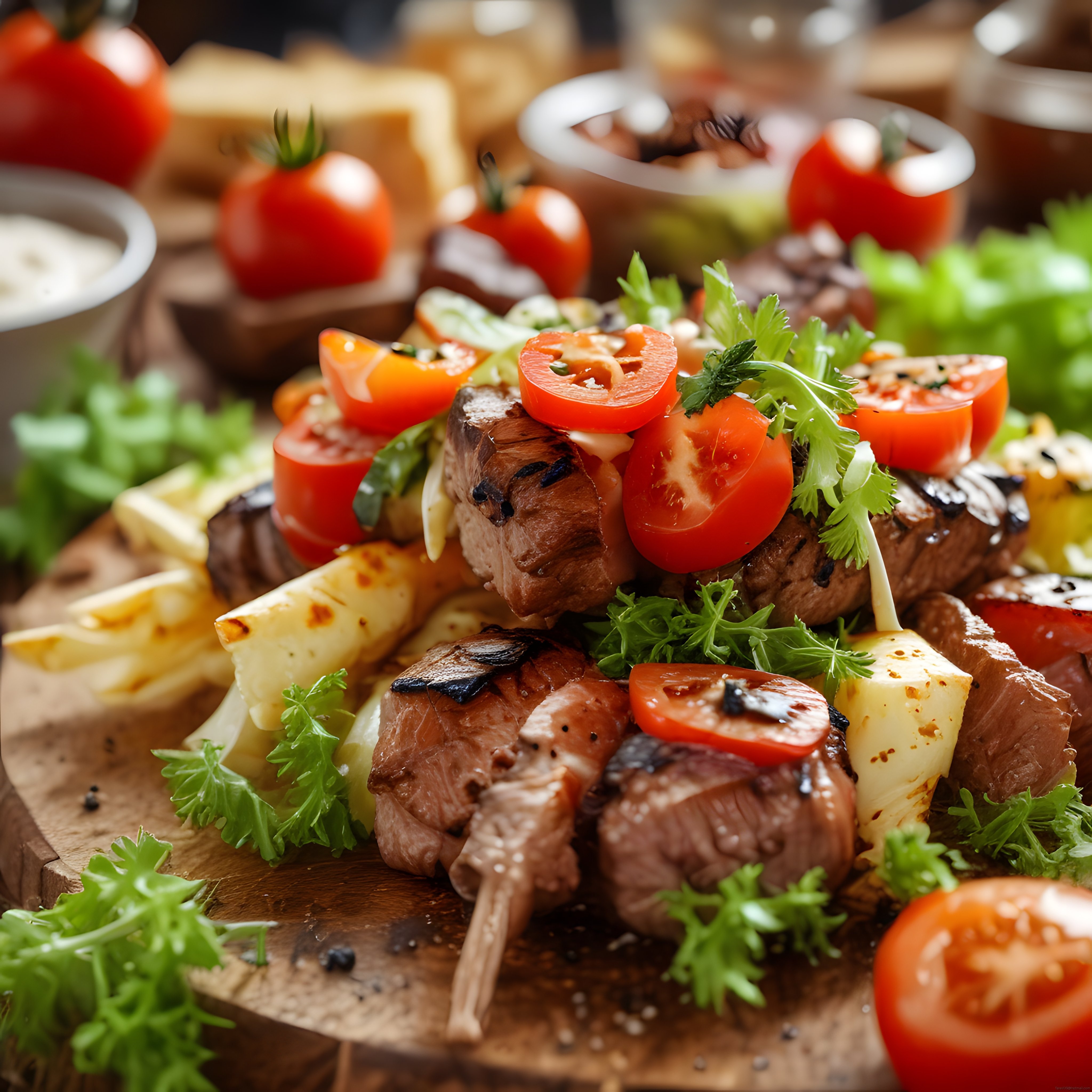 Ahşap Sunum Tahtasında Izgara Et, Domates ve Peynir ile Şiş Kebap Sunumu