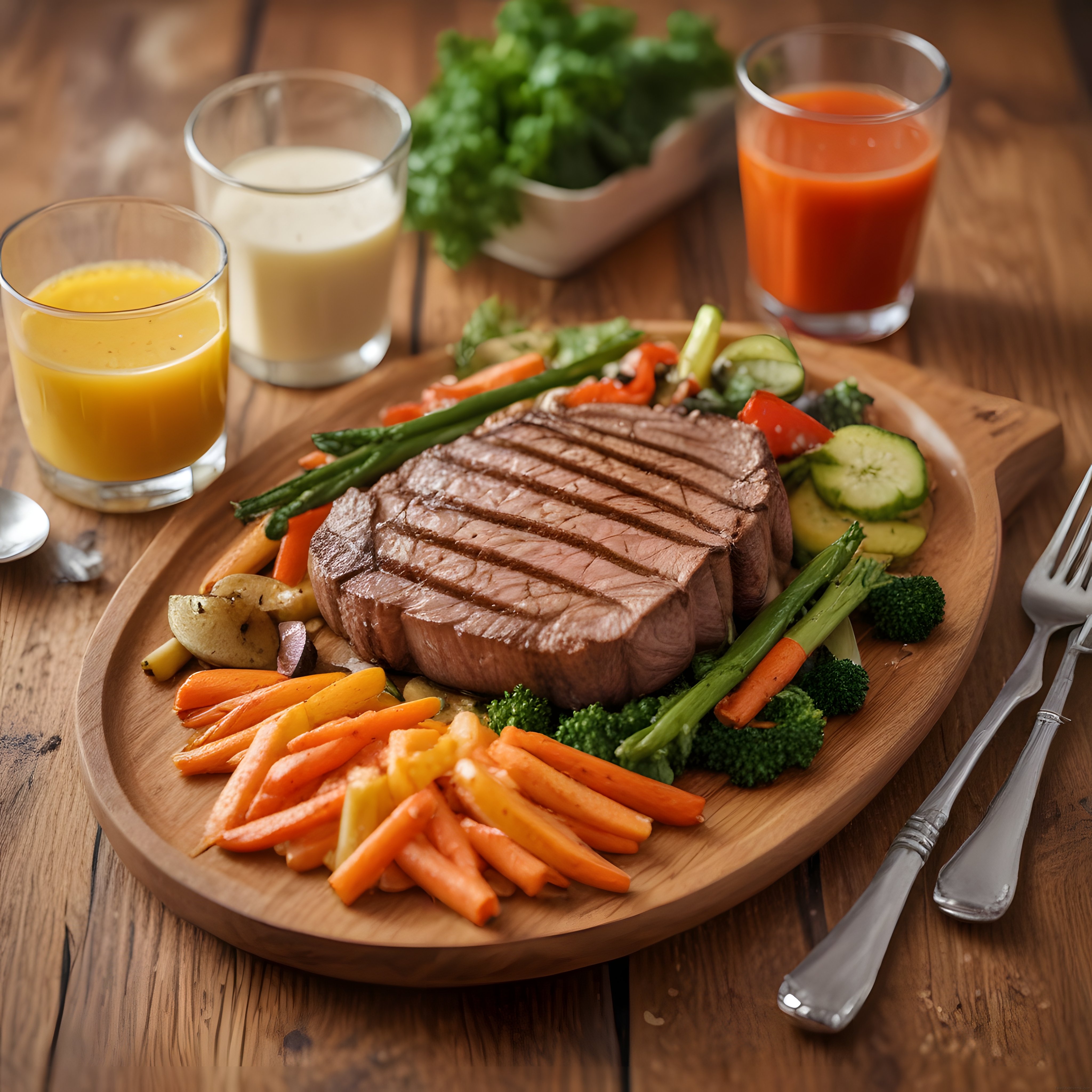 Ahşap sunum tahtasında ızgara et sebze garnitür ve vitaminli içecekler