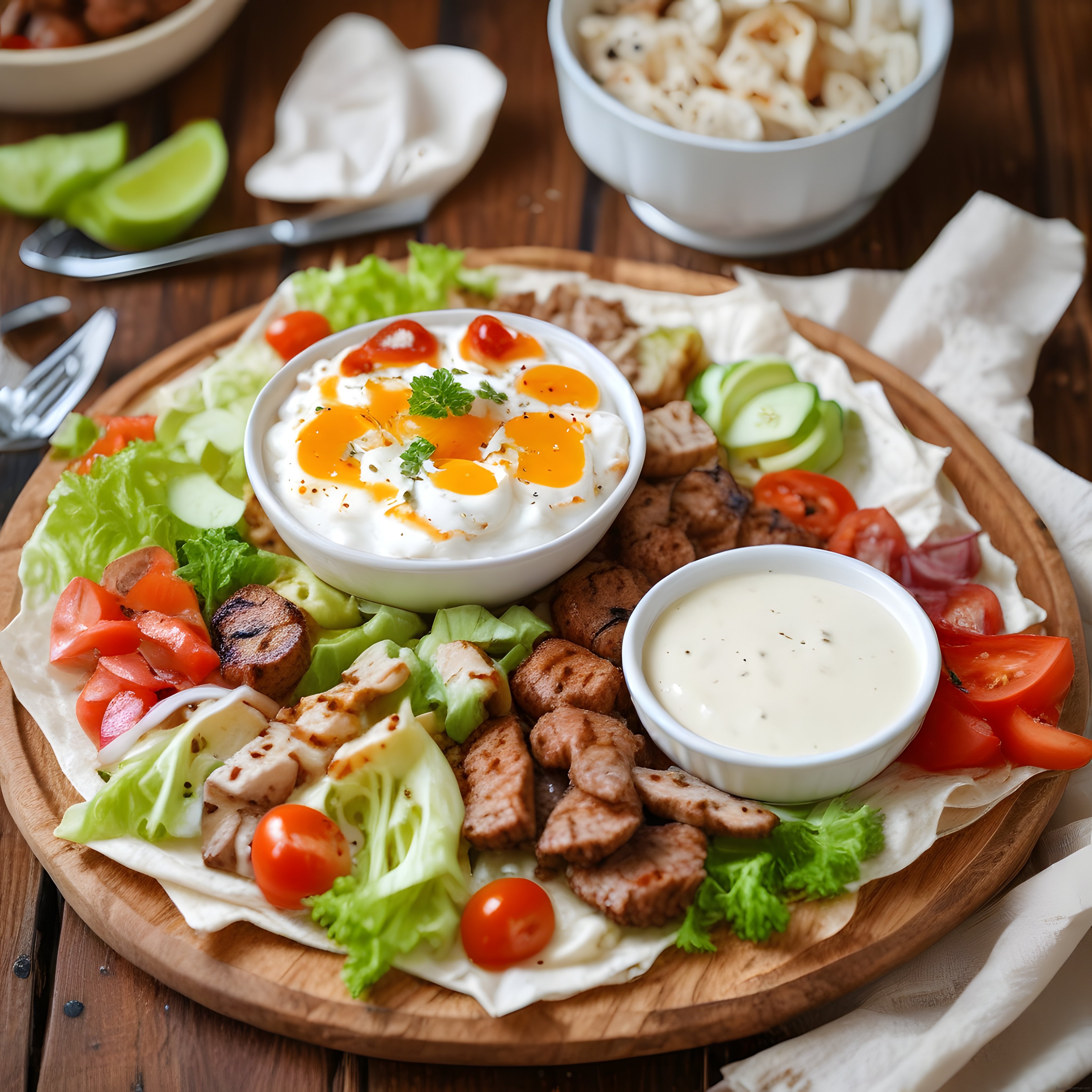 Ahşap Sunum Tahtasında Izgara Et Sebze ve Çift Soslu Lavaş Tabağı