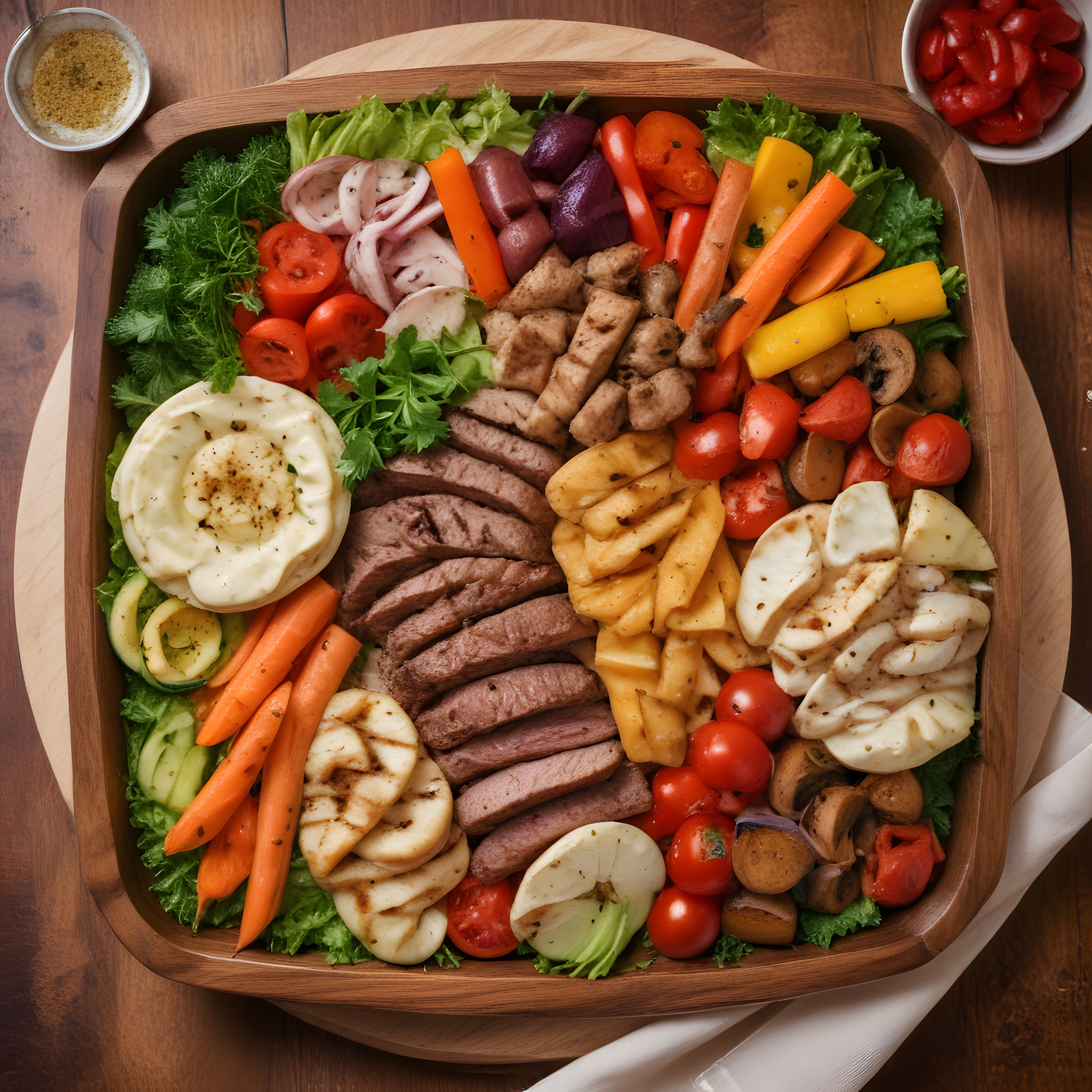 Ahşap Sunum Tahtasında Izgara Et, Sebze ve Yumurtalı Kahvaltı Tabağı