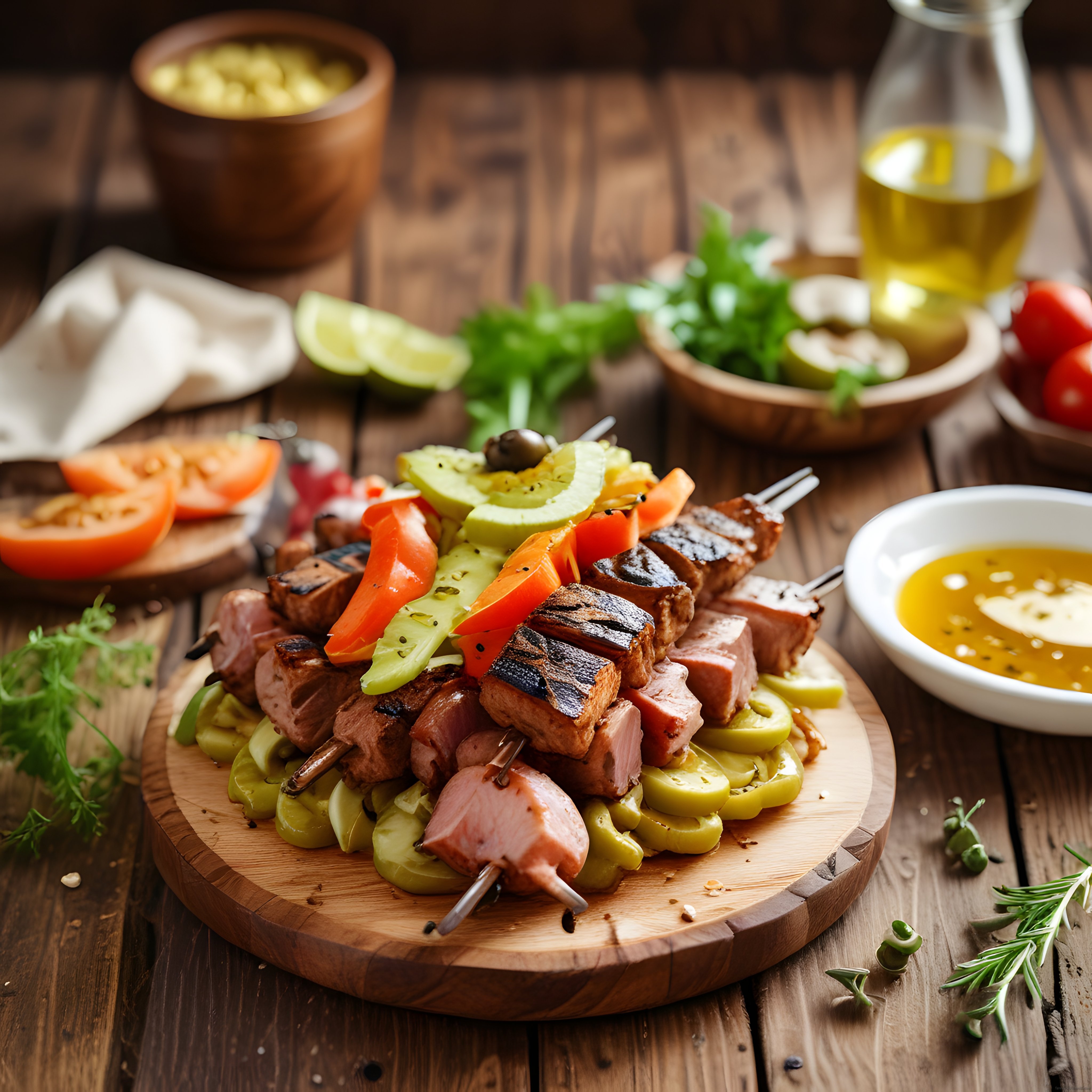 Ahşap Sunum Tahtasında Izgara Et Şiş Kebap ve Taze Sebzelerle Zengin Sunum
