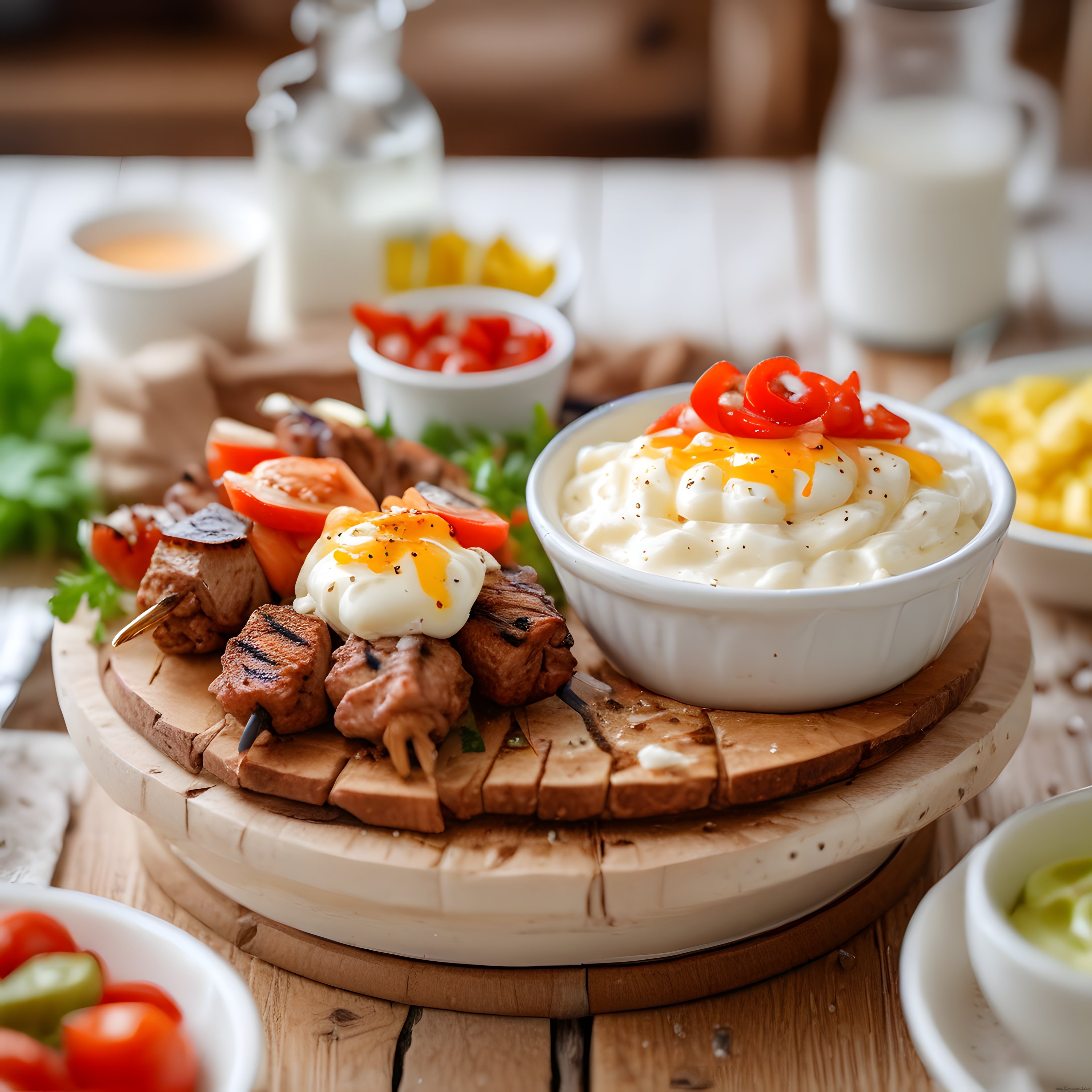 Ahşap sunum tahtasında ızgara et şiş ve yumurtalı garnitür masası