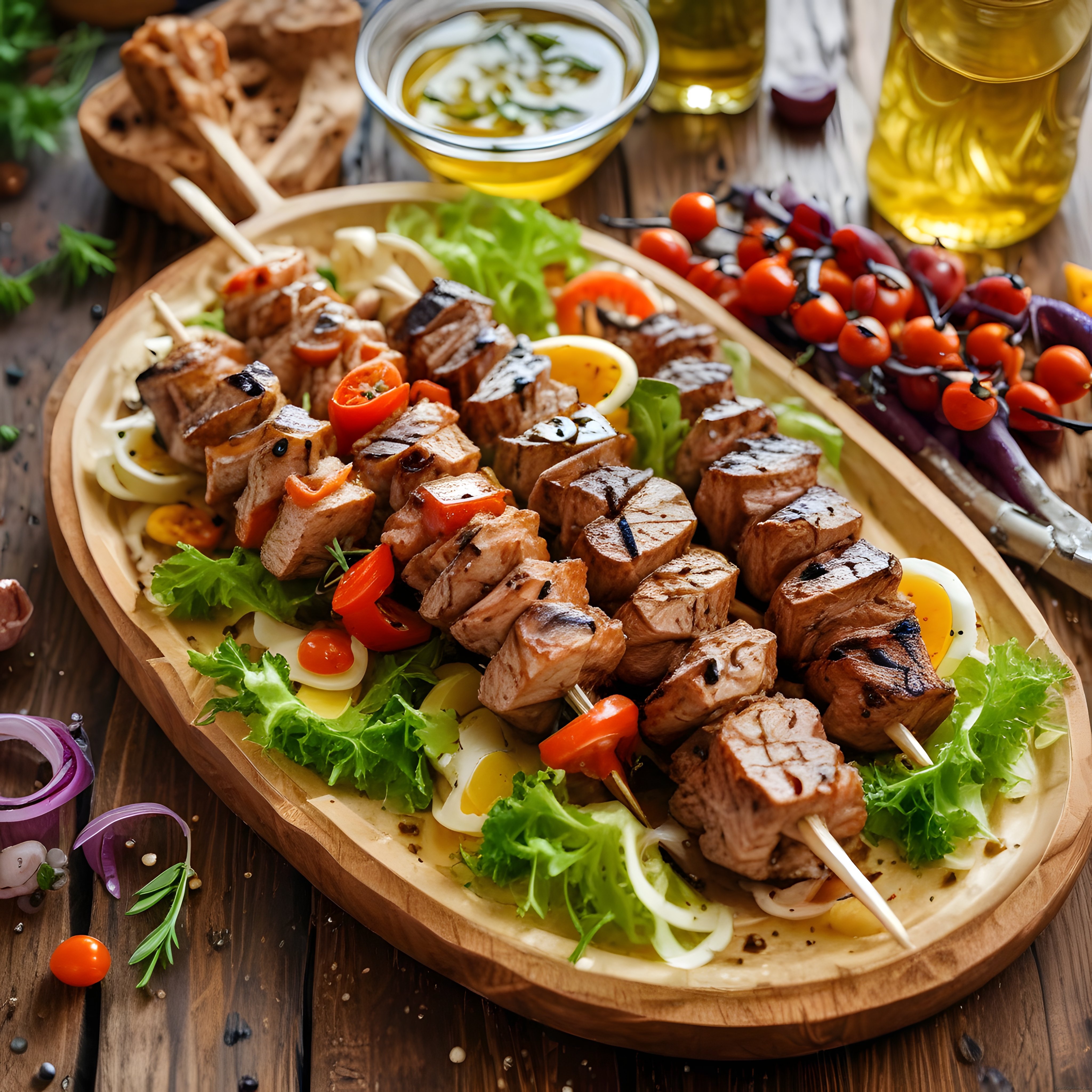 Ahşap Sunum Tahtasında Izgara Et Şiş, Yeşillik ve Domates ile Şık Barbekü Sunumu