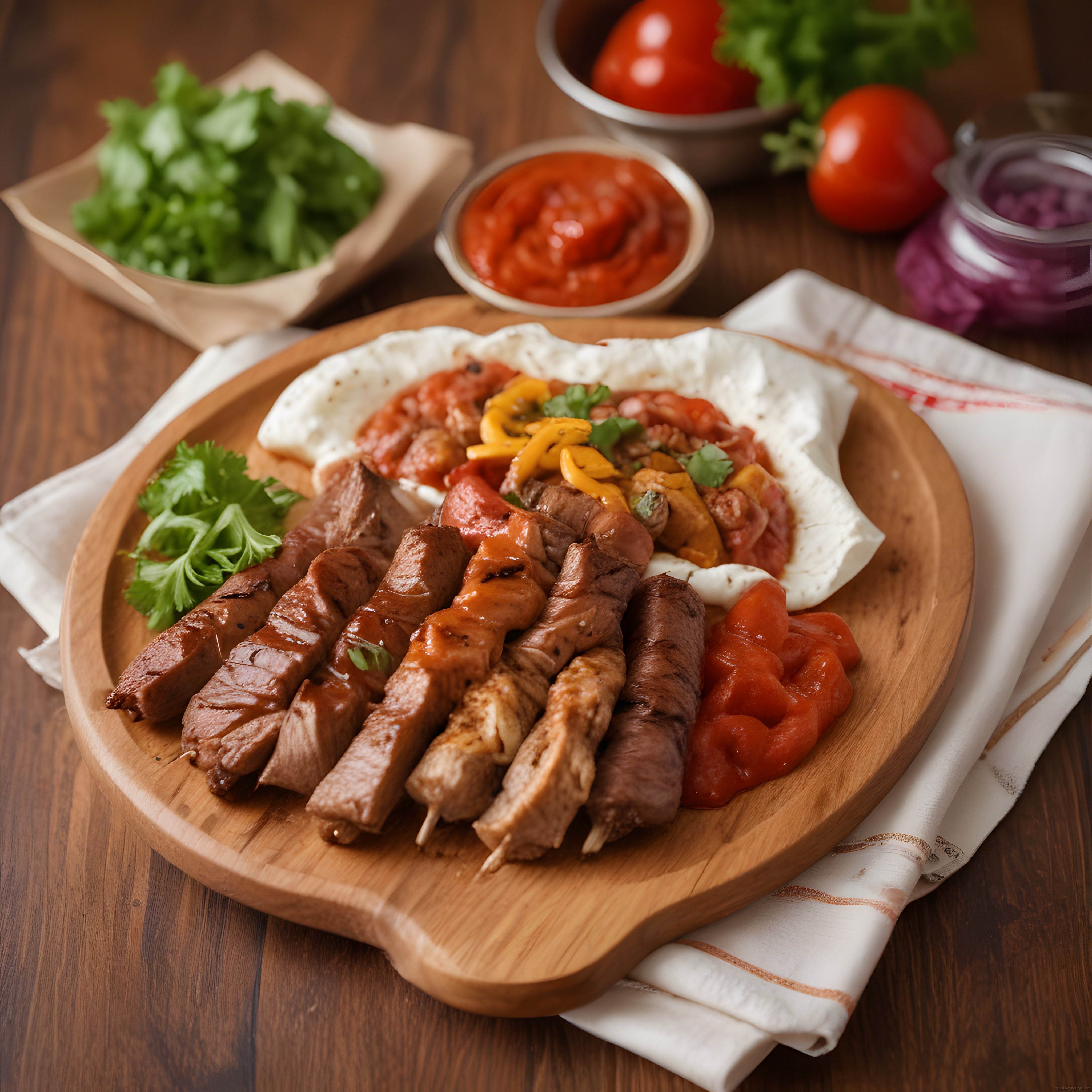 Ahşap Sunum Tahtasında Izgara Et Şişleri ve Sebzeli Dürüm Tabağı