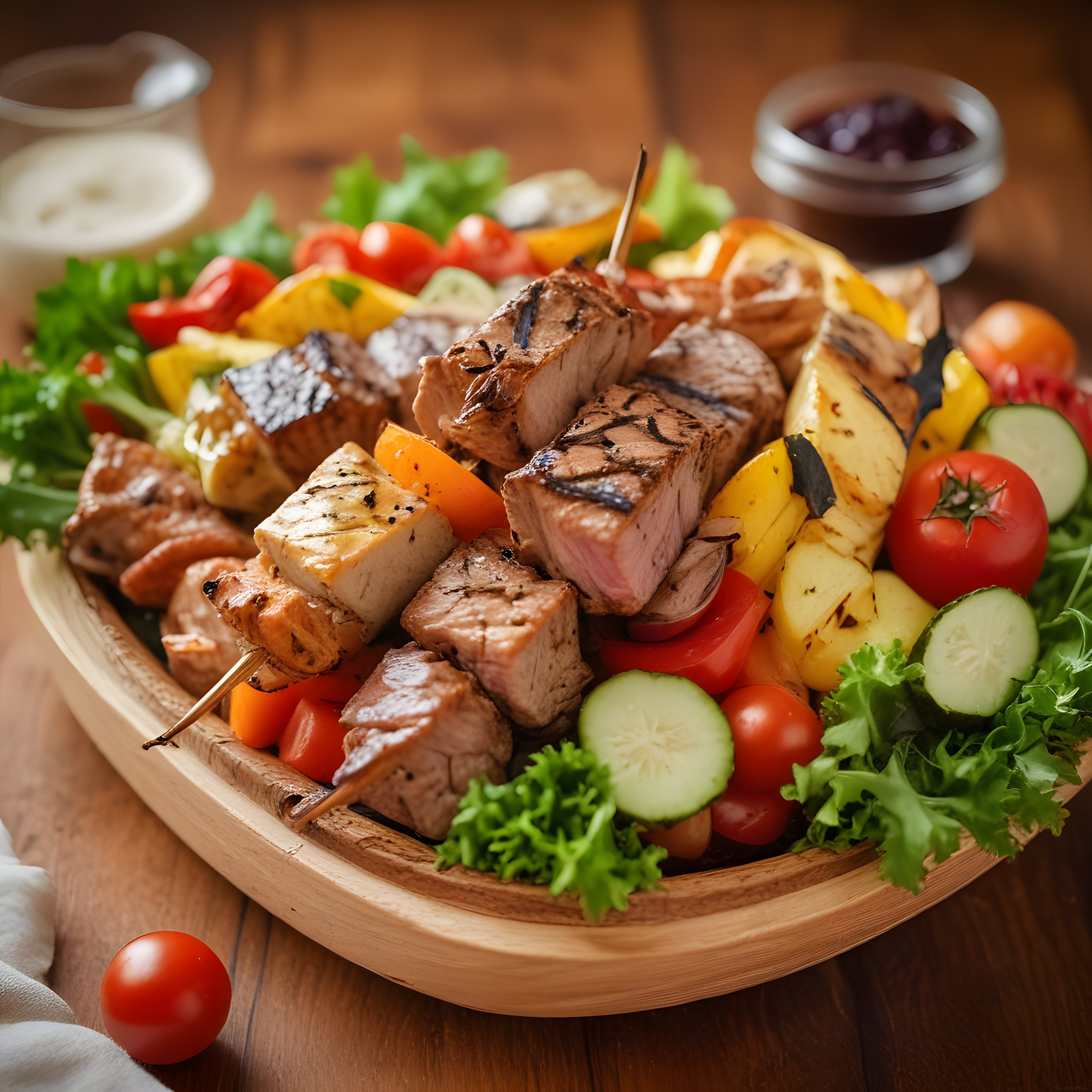 Ahşap Sunum Tahtasında Izgara Et ve Karışık Sebzelerle Hazırlanan Nefis Yemek
