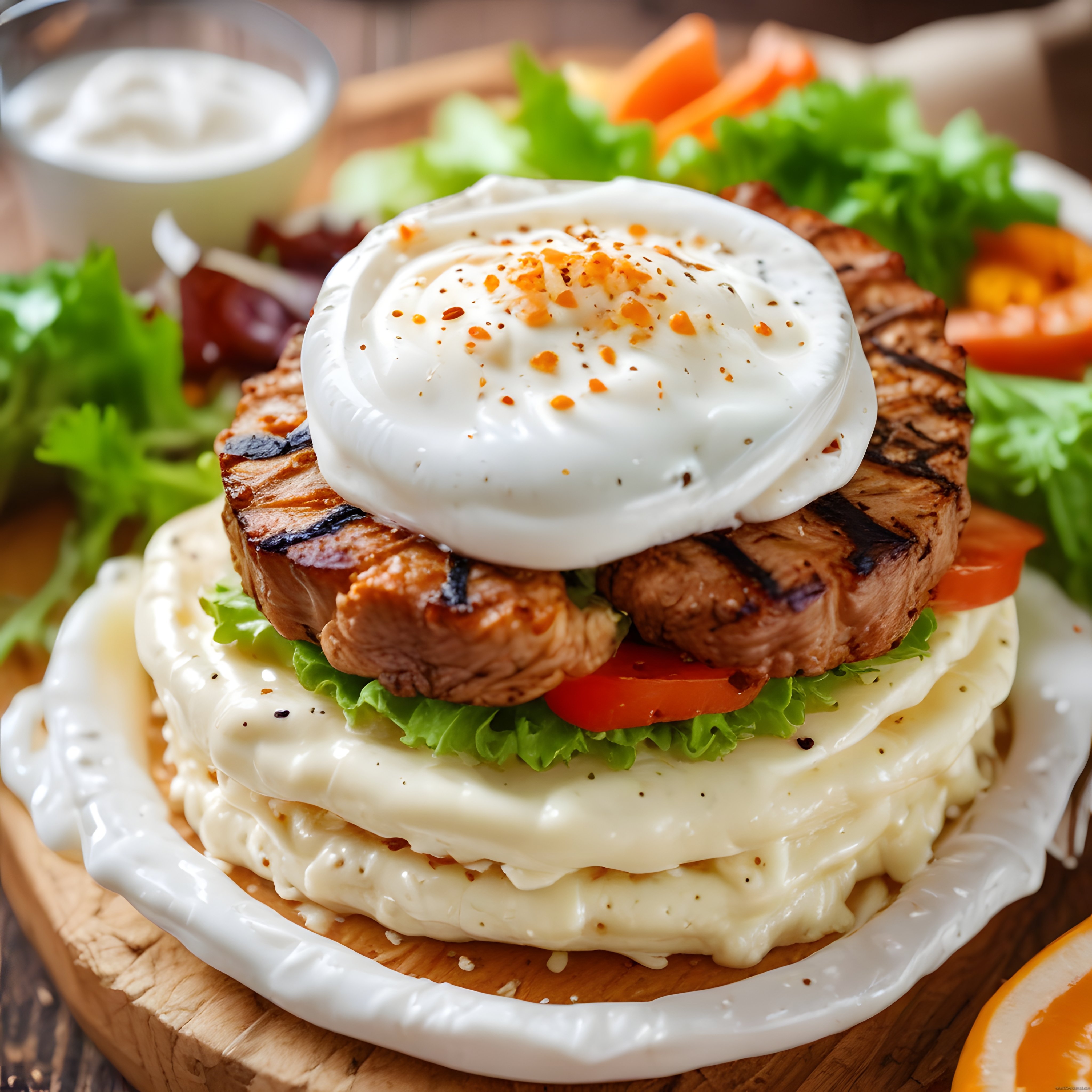 Ahşap Sunum Tahtasında Izgara Et ve Poşe Yumurtalı Gourmet Sandviç
