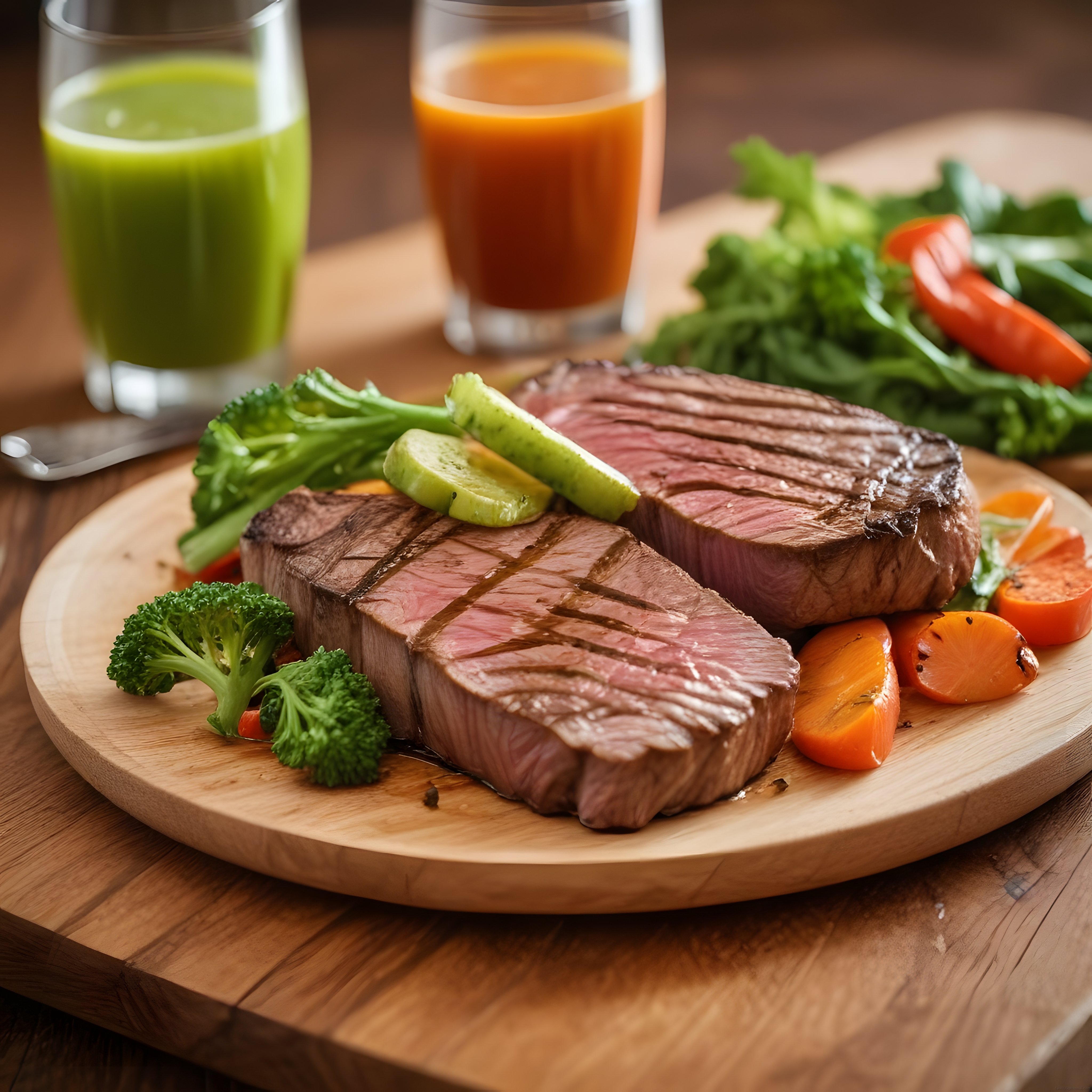 Ahşap Sunum Tahtasında Izgara Et ve Sebzelerle Sağlıklı Protein Dolu Öğün