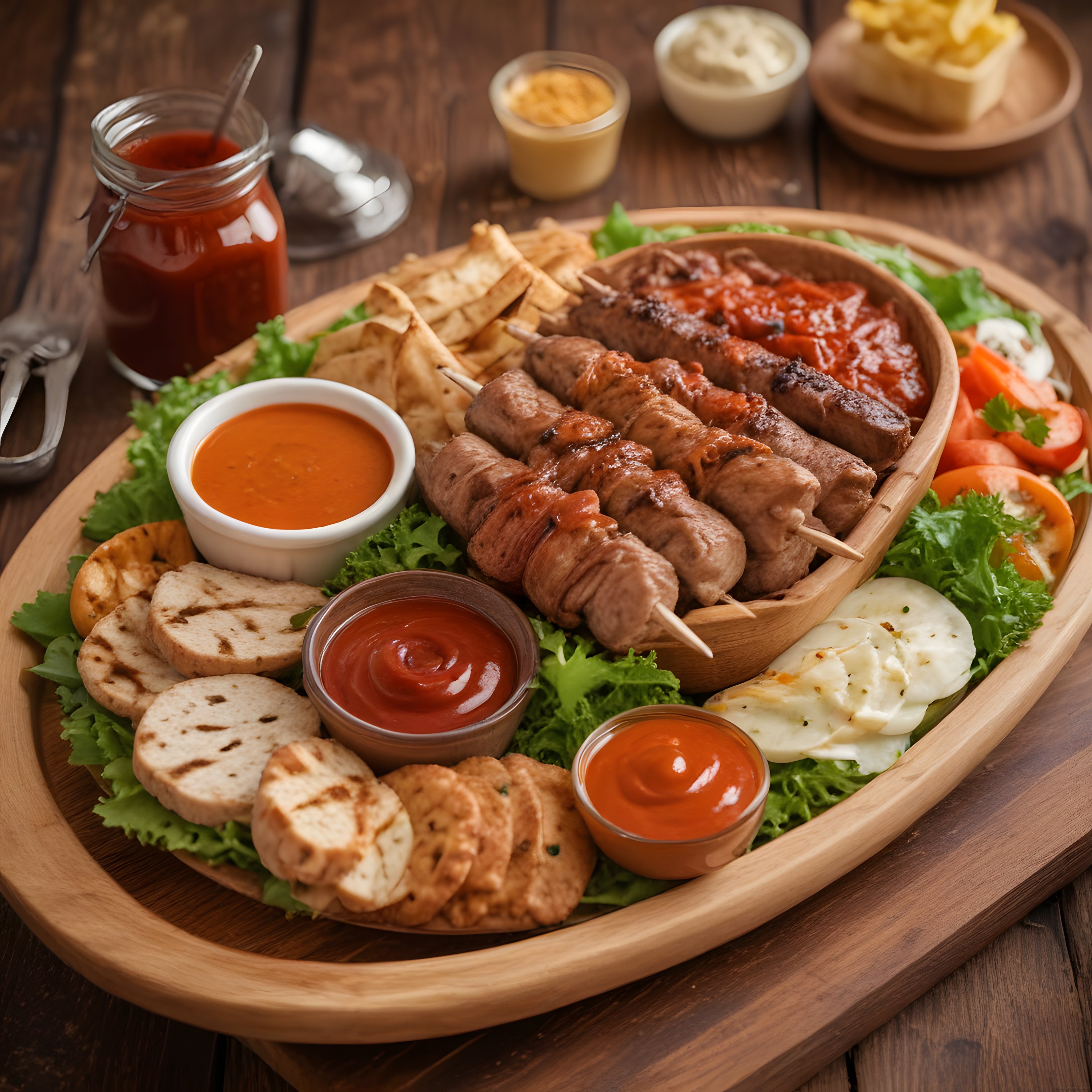 Ahşap Sunum Tahtasında Izgara Et ve Şiş Kebaptan Oluşan Nefis Yemek Tabağı