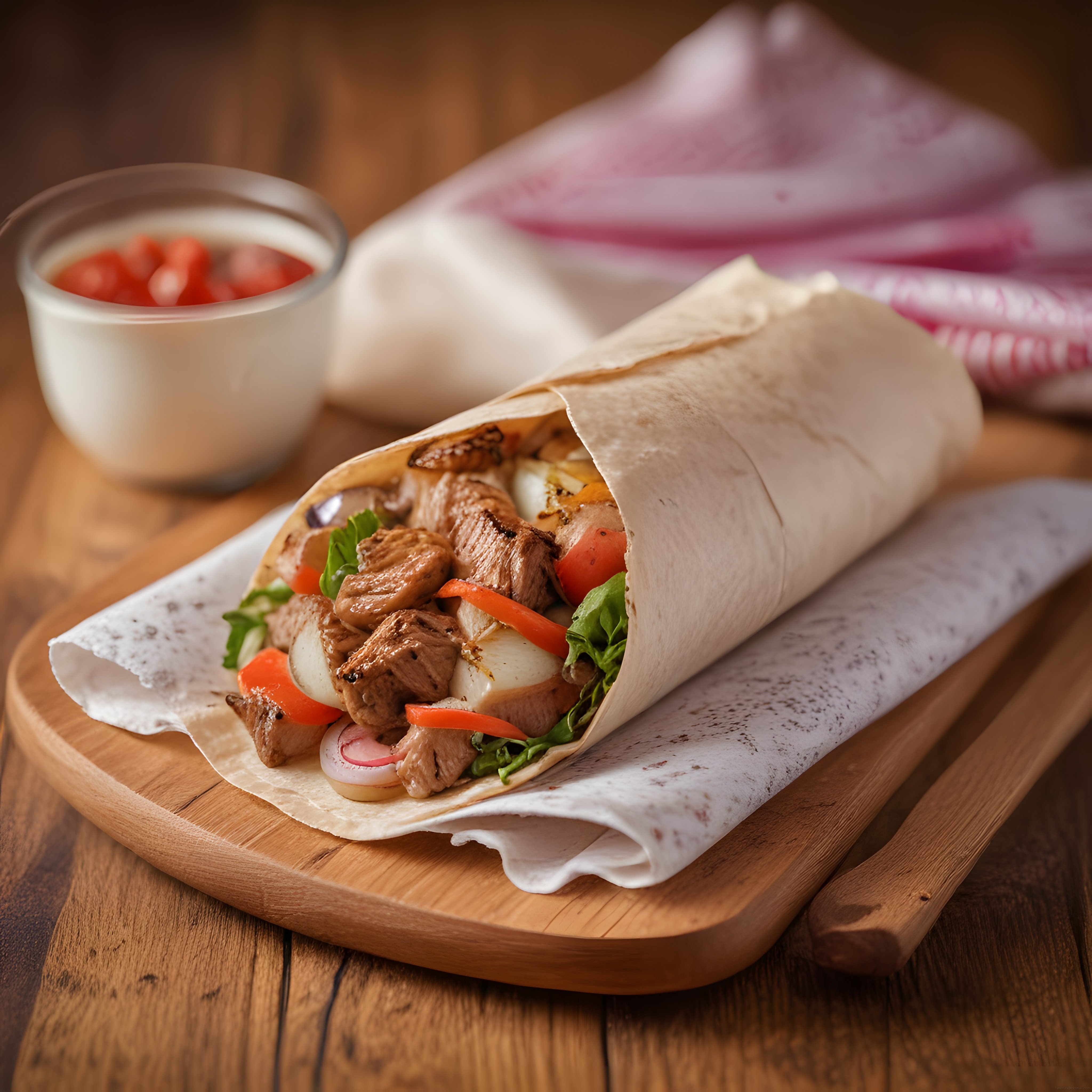 Ahşap Sunum Tahtasında Izgara Etli, Sebzeli ve Soslu Wrap Tabağı Fotoğrafı
