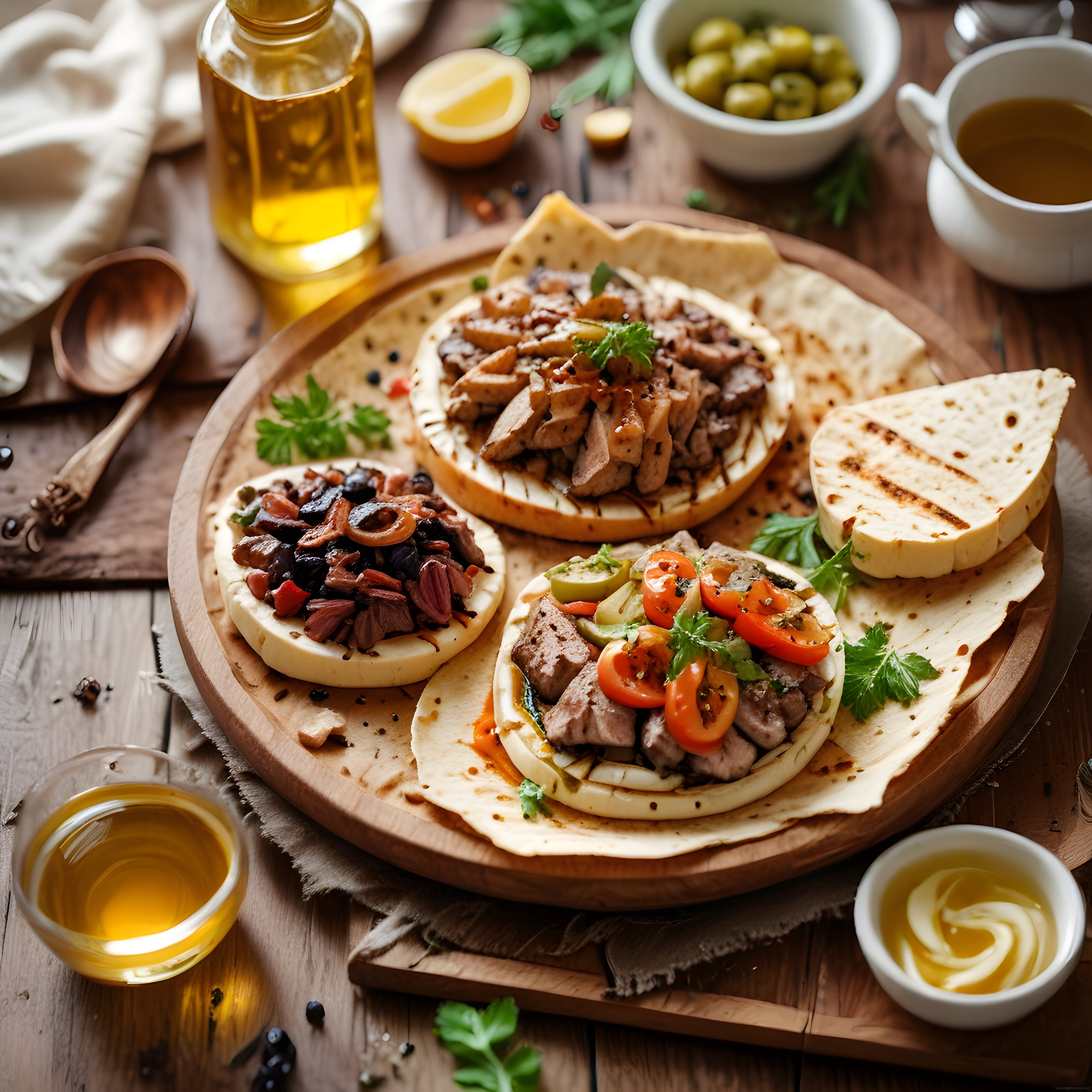 Ahşap sunum tahtasında ızgara etli taco ve lavaş çeşitleri, zeytinyağı detayı