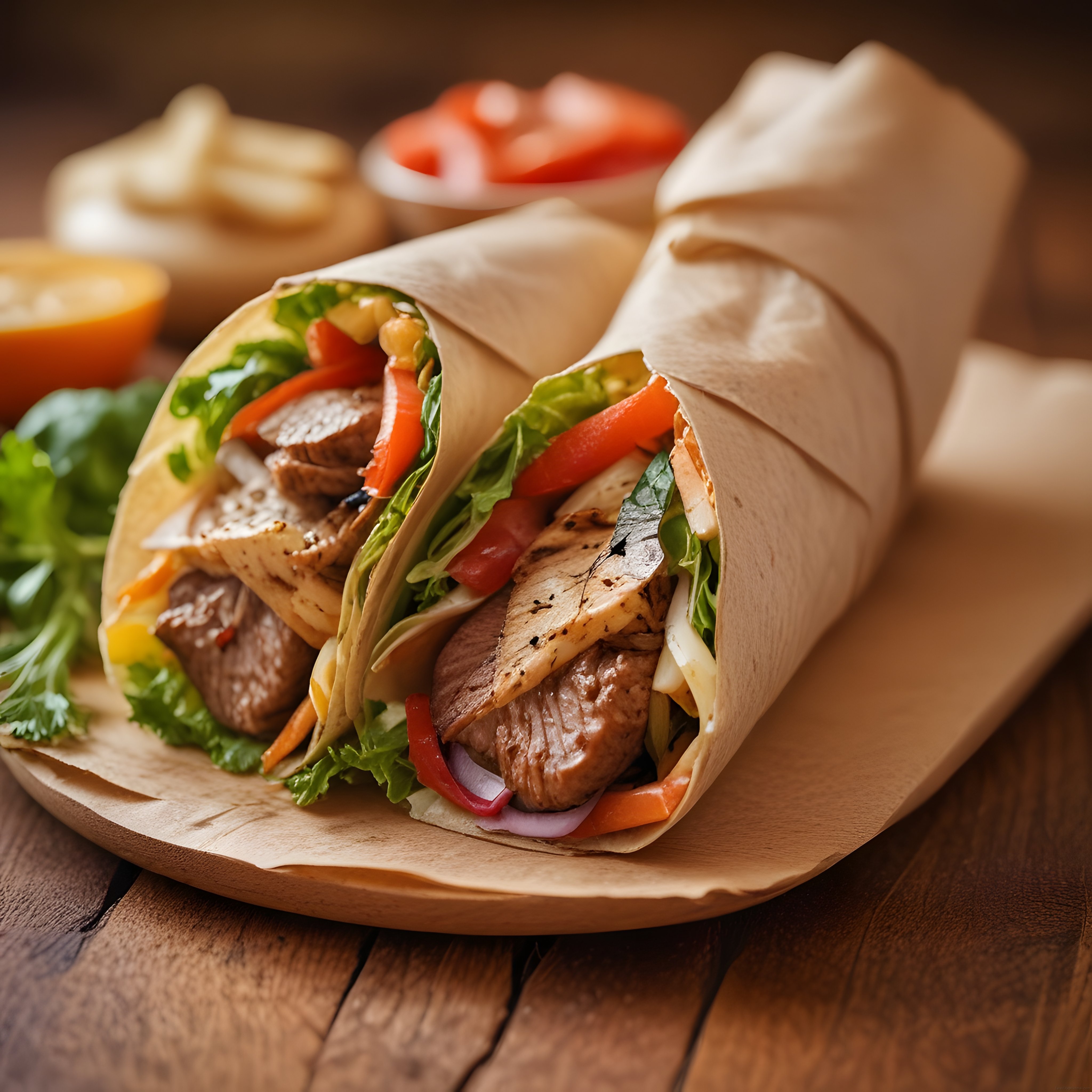 Ahşap Sunum Tahtasında Izgara Etli ve Sebzeli Dürüm Wrap Sunumu