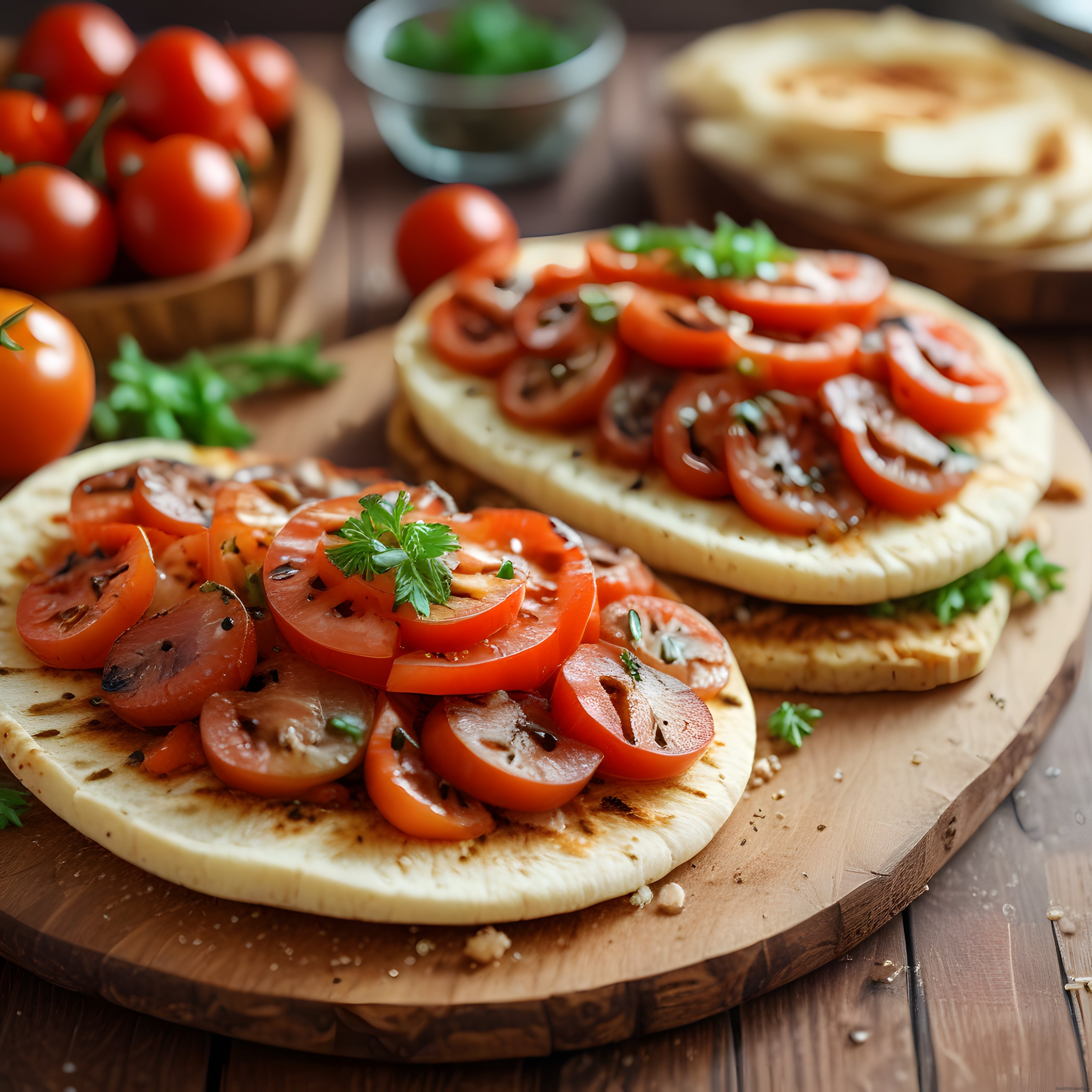 Ahşap Sunum Tahtasında Izgara Flatbread Üzerinde Balsamikli Domates Dilimleri ve Otlar