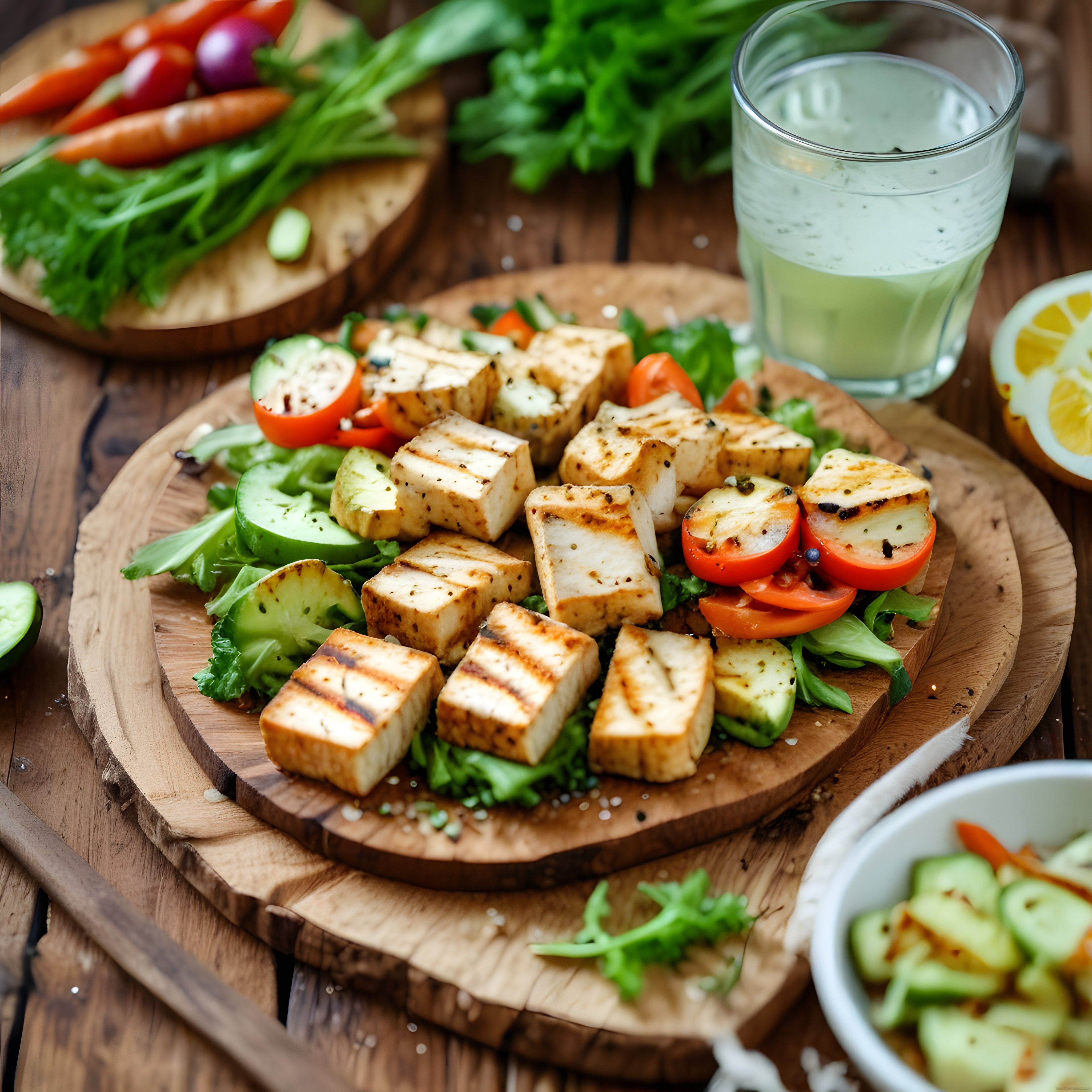 Ahşap Sunum Tahtasında Izgara Hellim Peyniri ve Taze Sebze Salatası