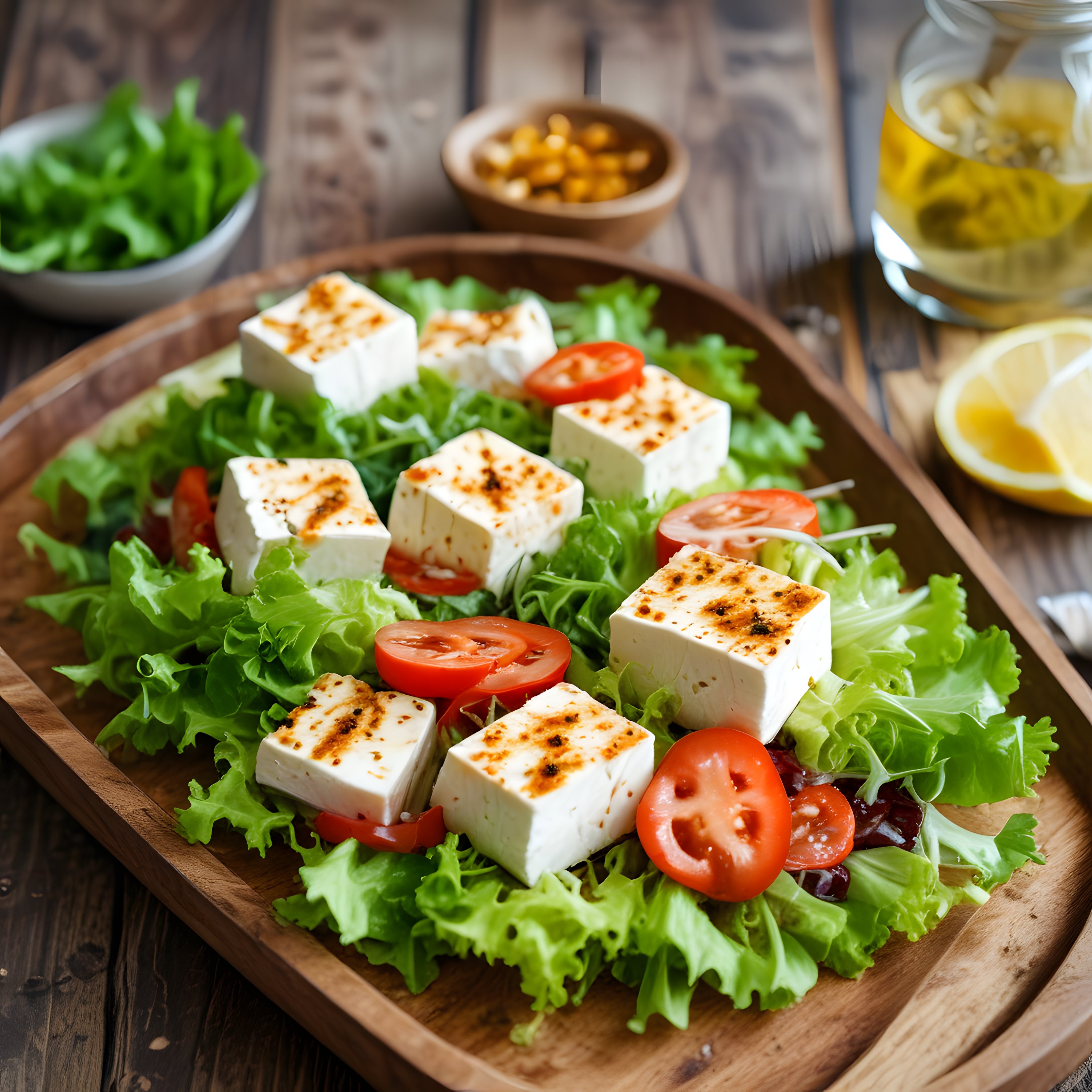 Ahşap Sunum Tahtasında Izgara Hellim Peynirli ve Domatesli Taze Salata