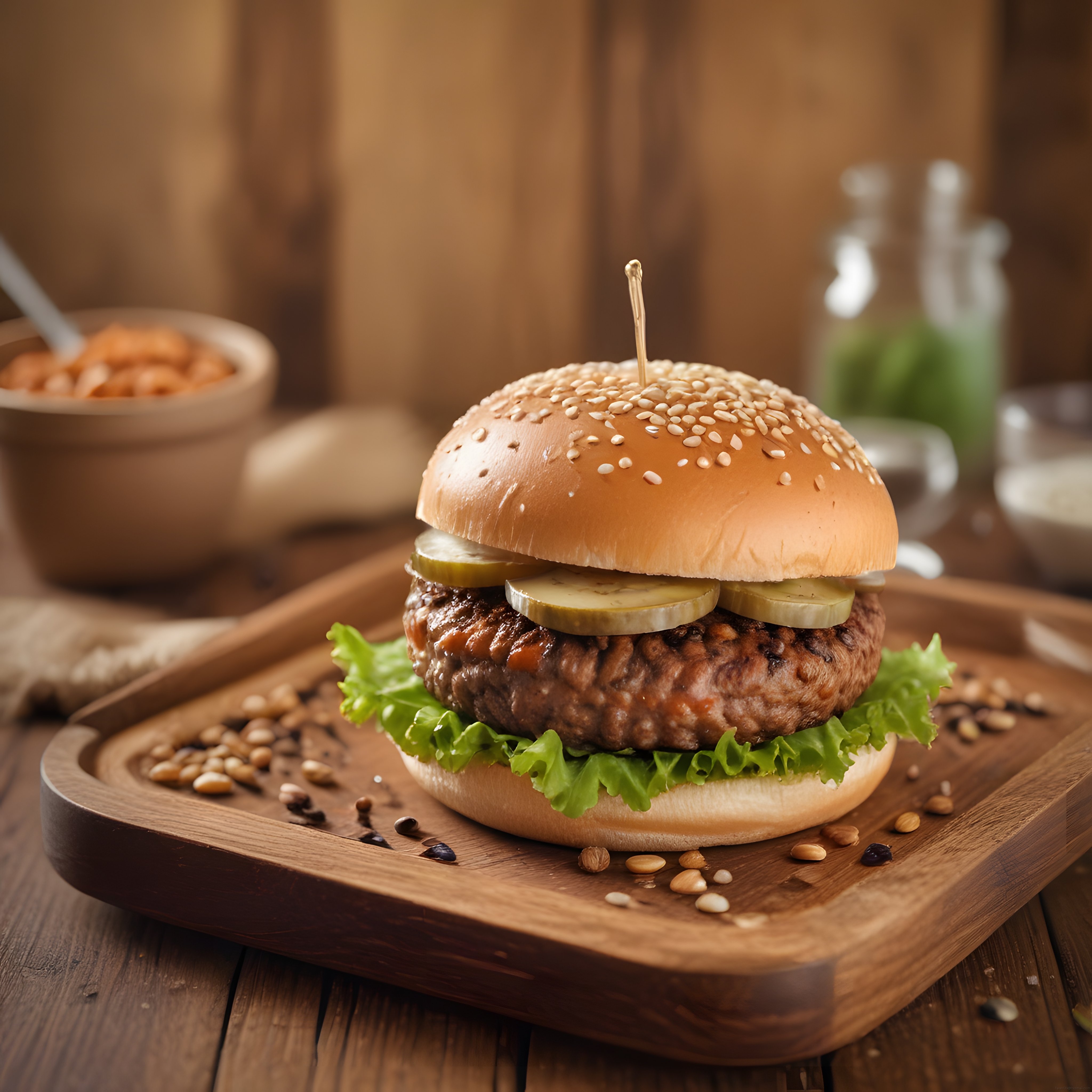 Ahşap Sunum Tahtasında Izgara Köfteli Hamburger ve Marul Yaprakları