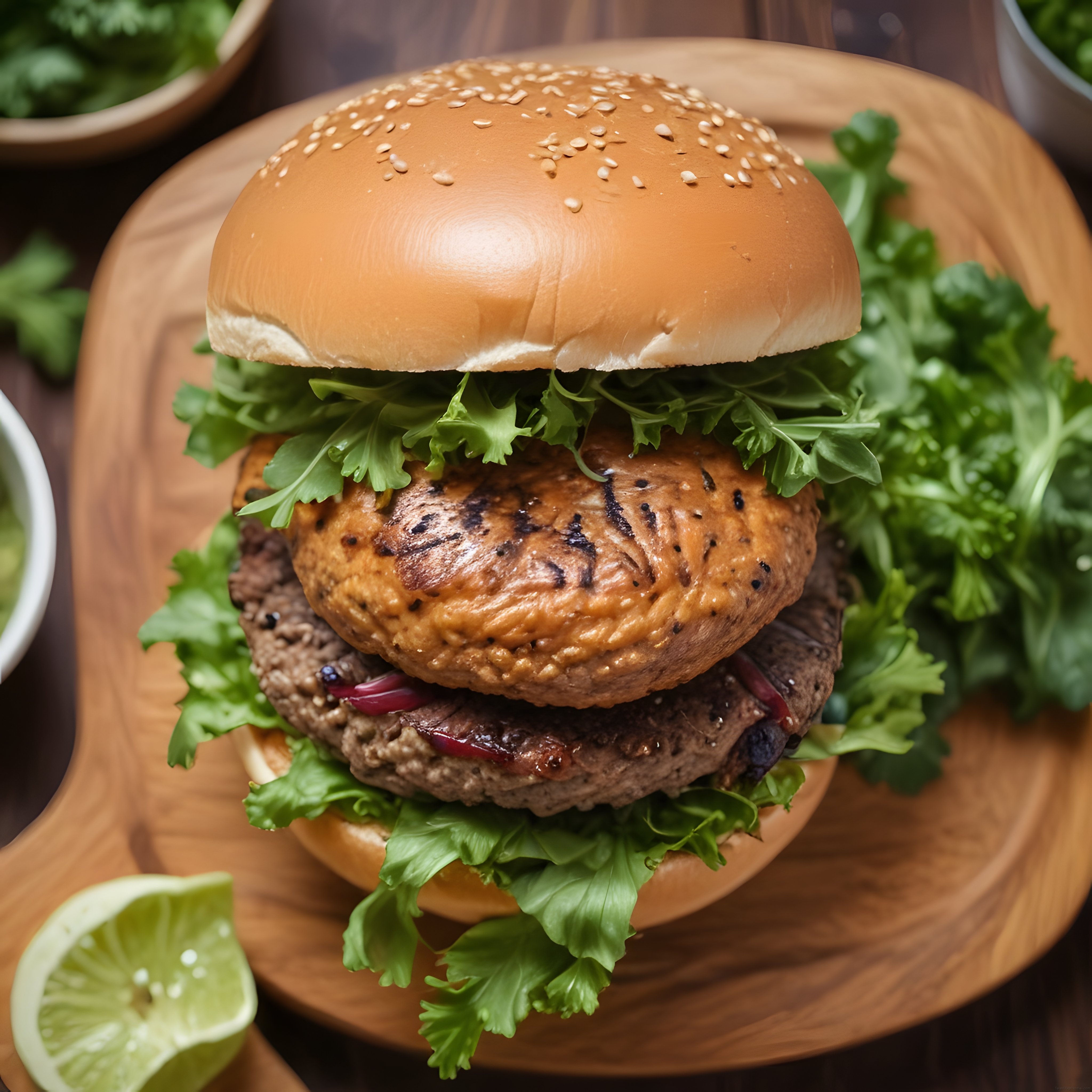Ahşap Sunum Tahtasında Izgara Köfteli Nefis Hamburger ve Garnitür