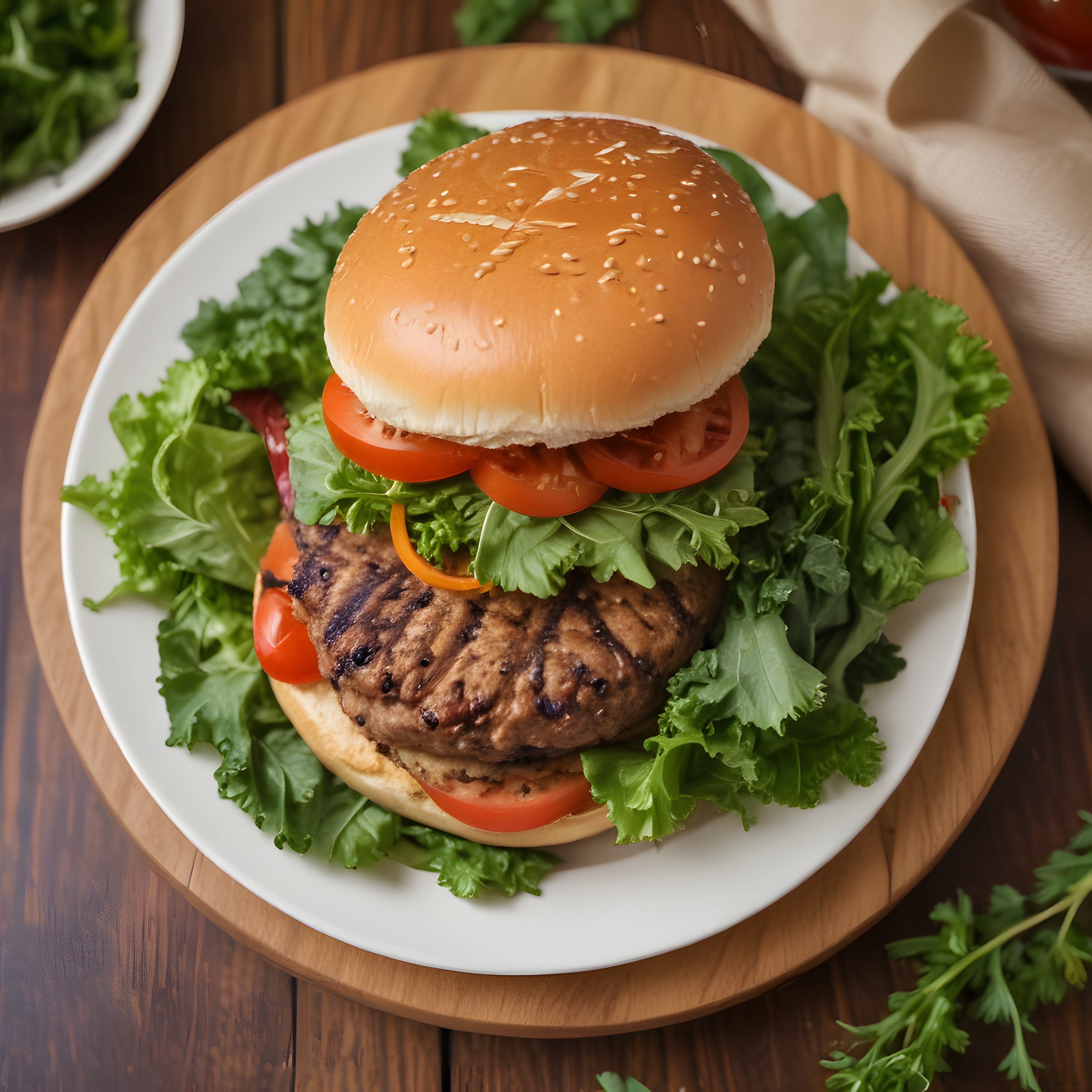 Ahşap Sunum Tahtasında Izgara Köfteli ve Taze Sebzeli Gourmet Burger