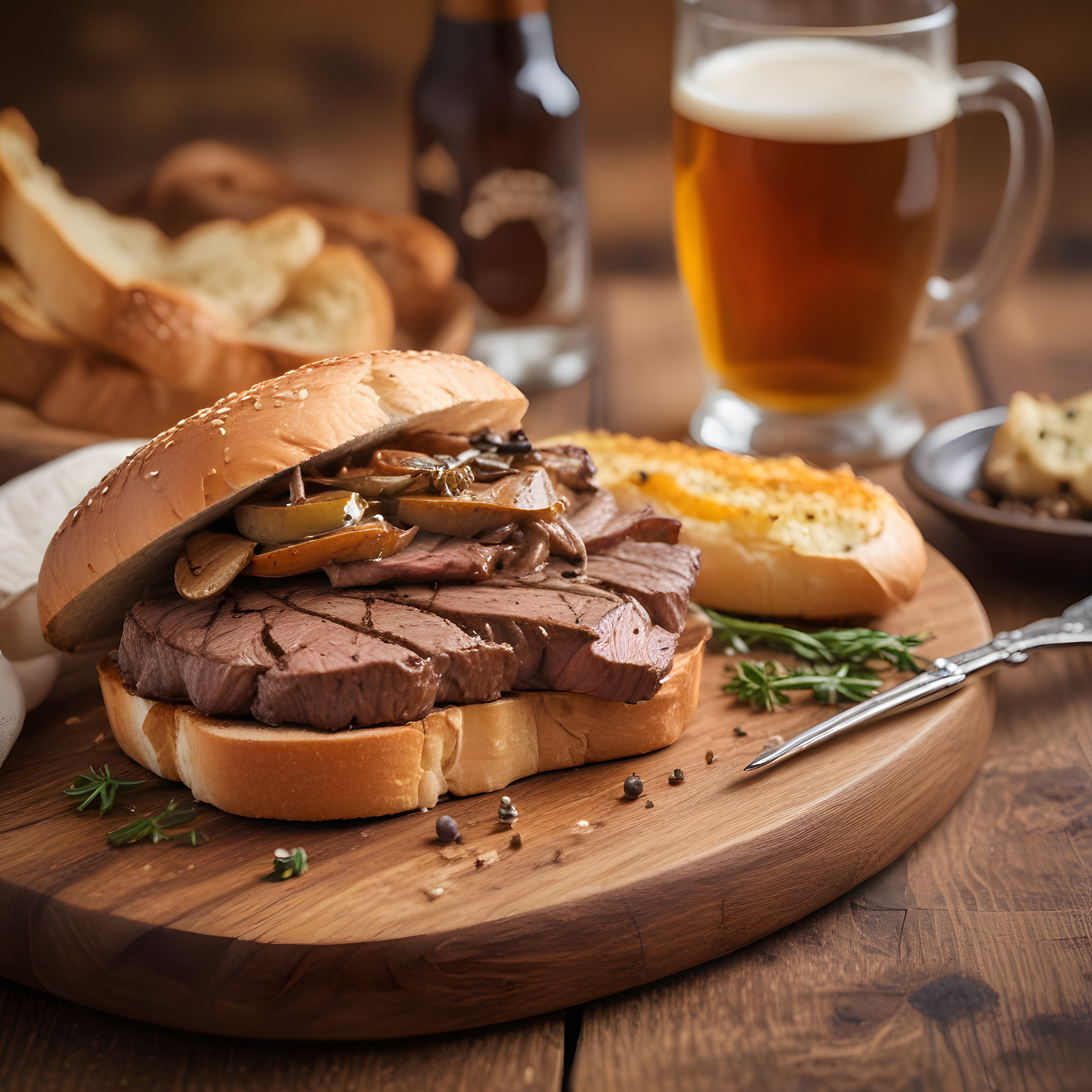 Ahşap Sunum Tahtasında Izgara Roast Beef Sandviç ve Köpüklü Bira Keyfi