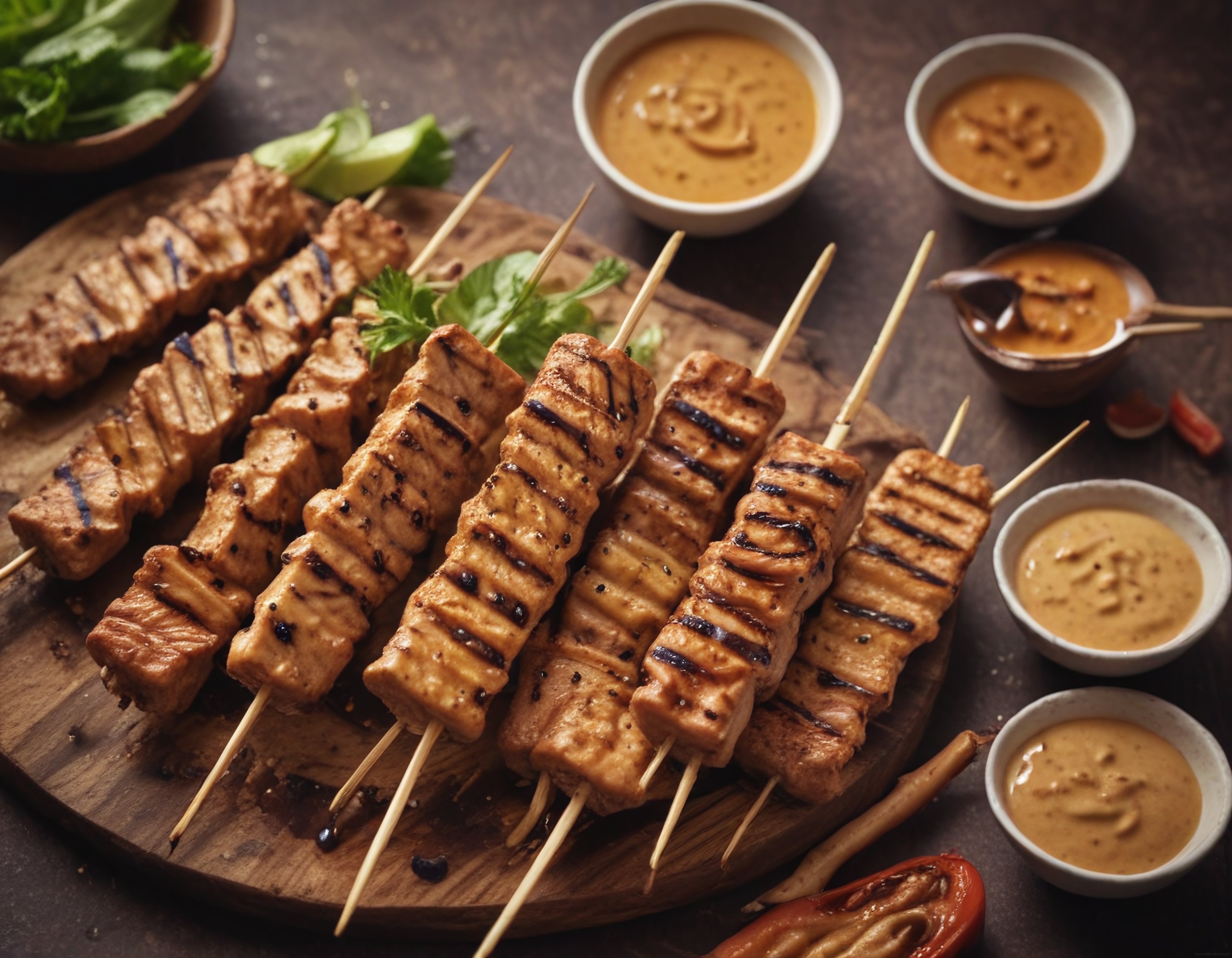 Ahşap Sunum Tahtasında Izgara Satay Şişleri ve Fıstık Sosları