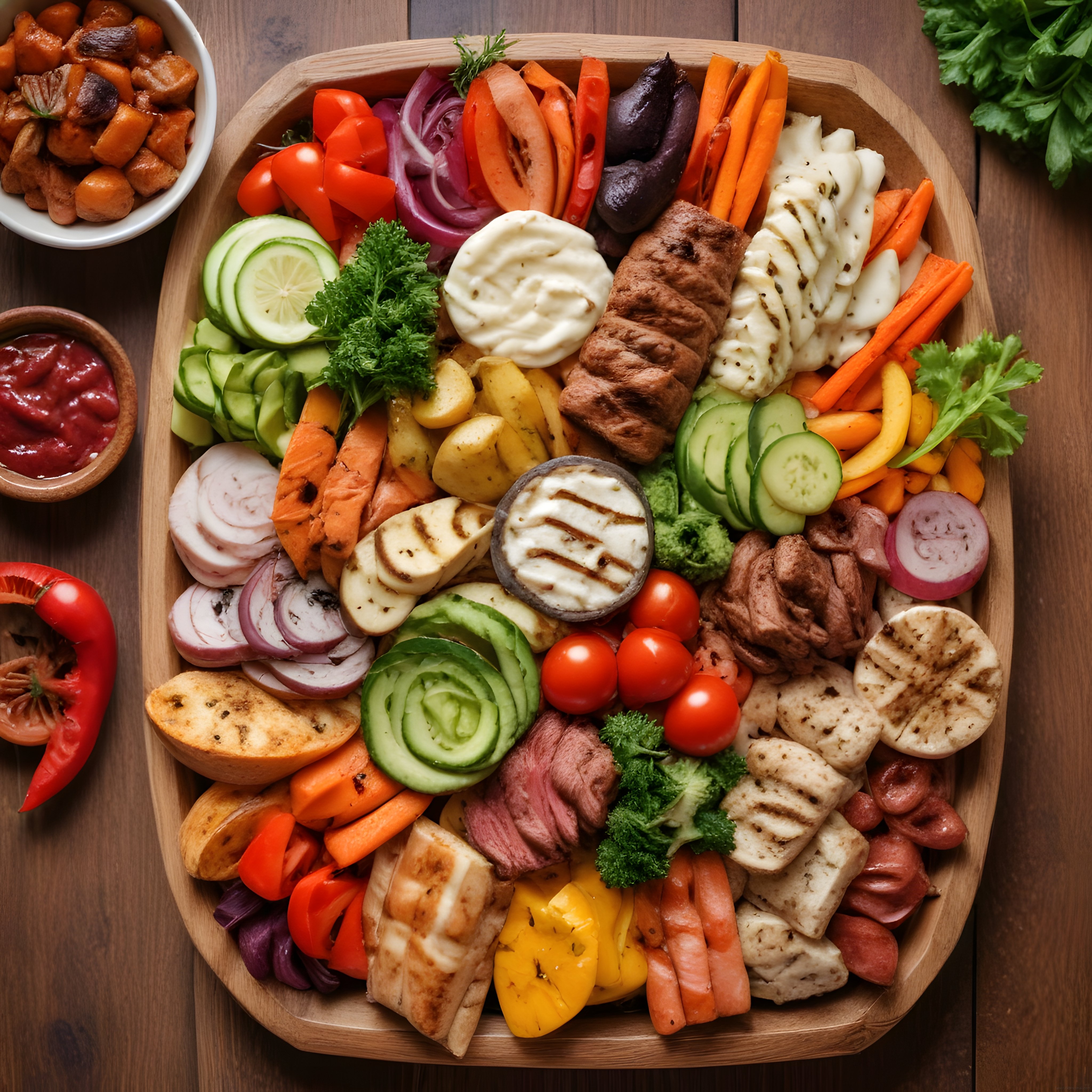 Ahşap sunum tahtasında ızgara sebze ve et çeşitleriyle zengin salata tabağı