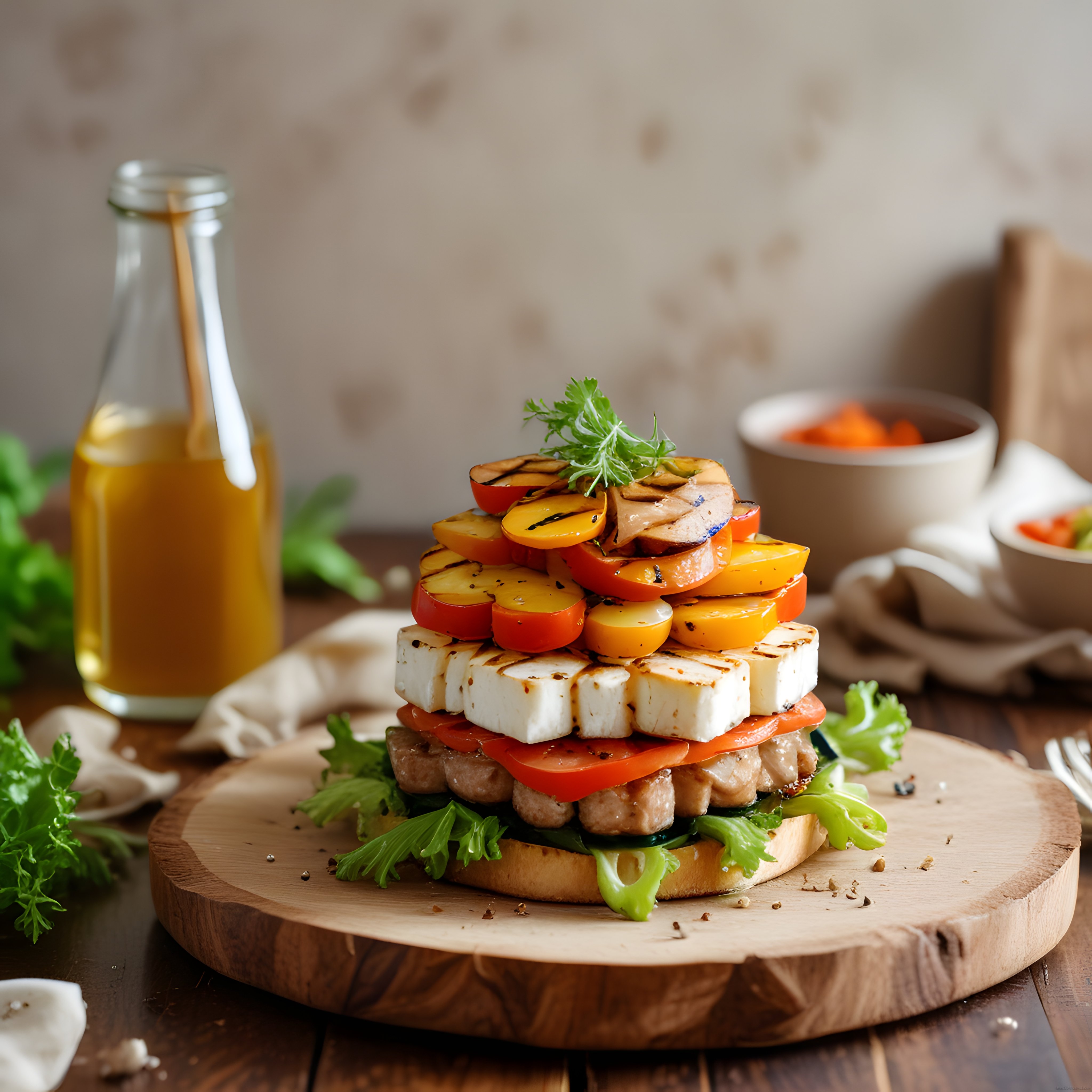 Ahşap Sunum Tahtasında Izgara Sebzeli Hellimli Gourmet Açık Tost