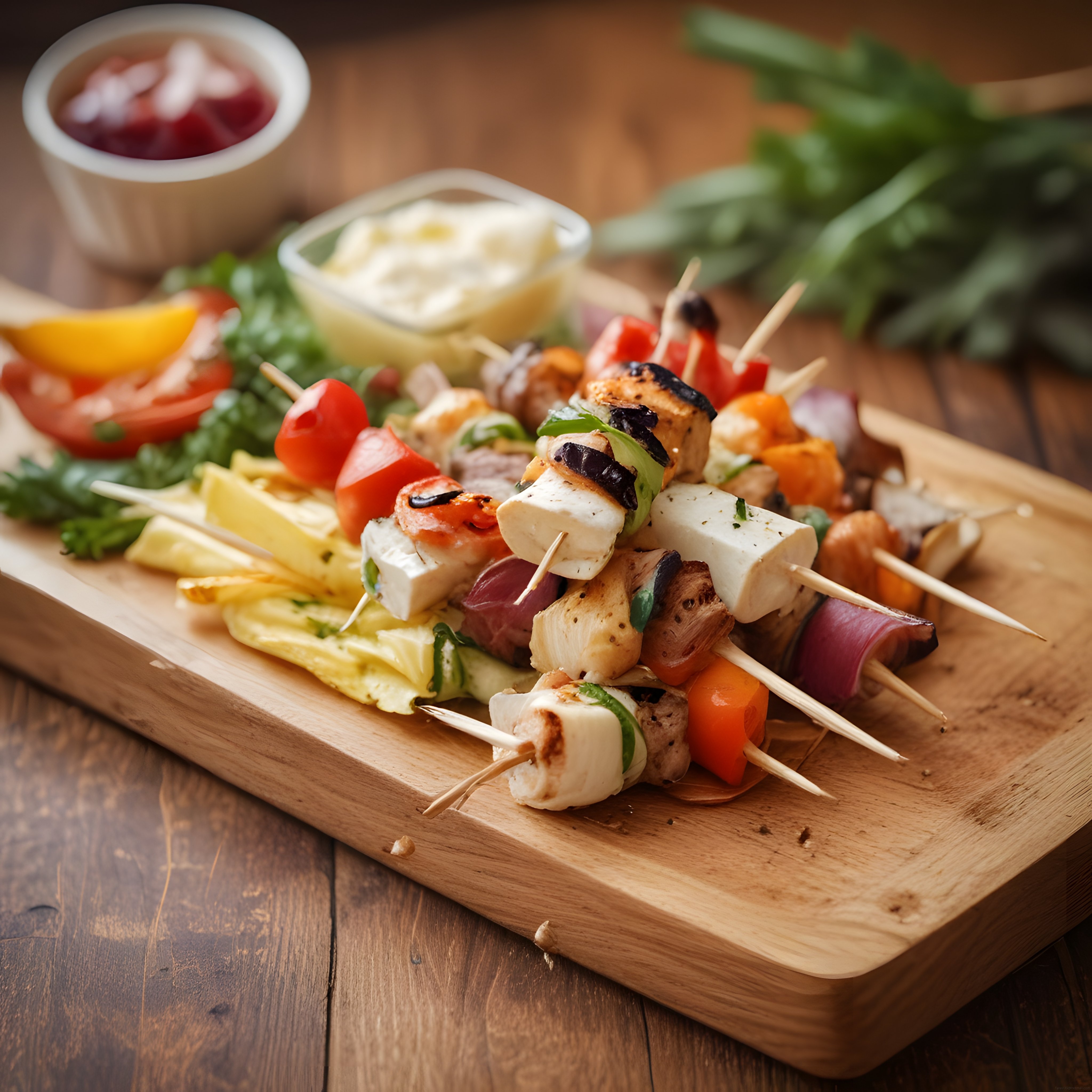 Ahşap Sunum Tahtasında Izgara Sebzeli Peynirli Şiş Kebap