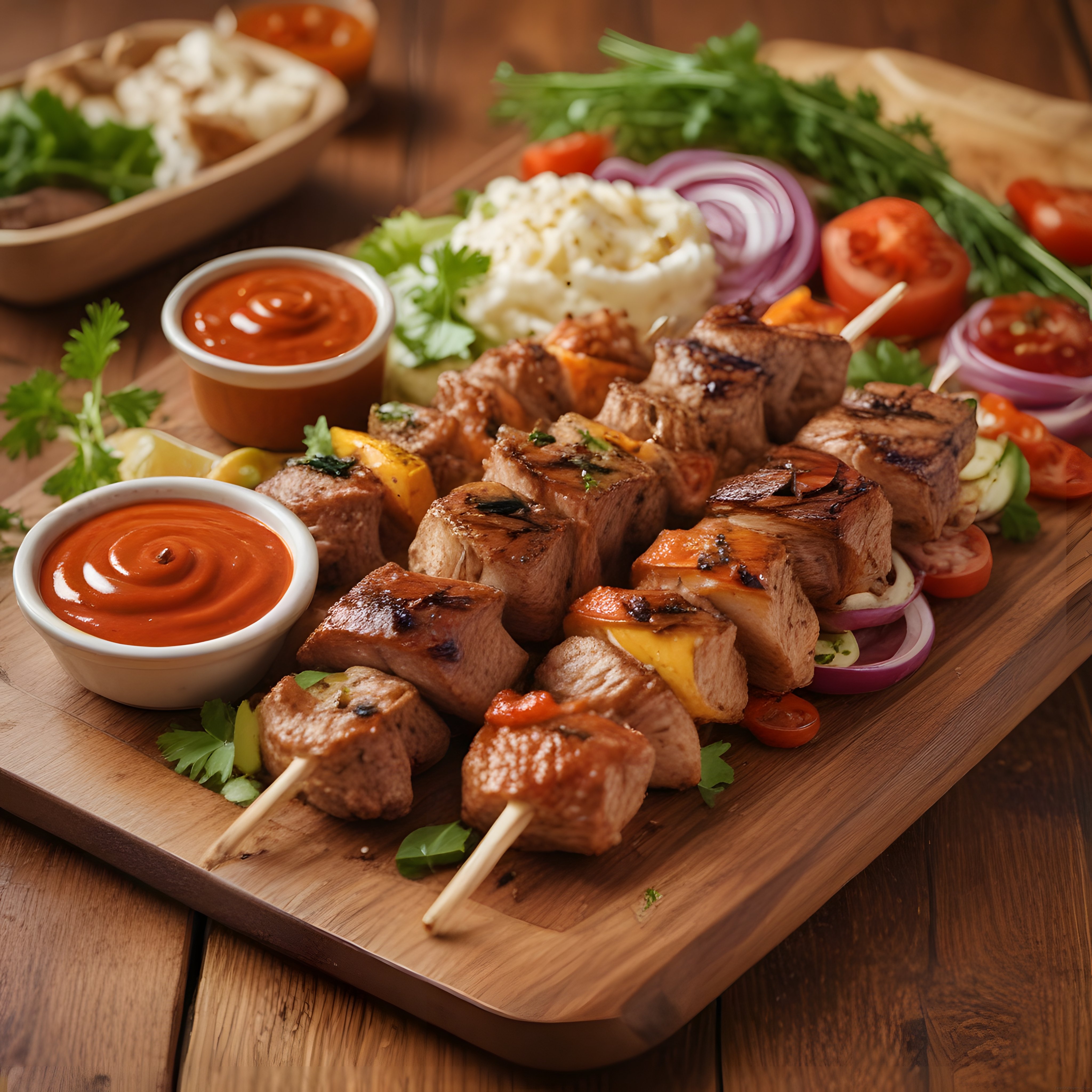 Ahşap sunum tahtasında ızgara şiş kebabı taze sebzeler ve özel soslarla