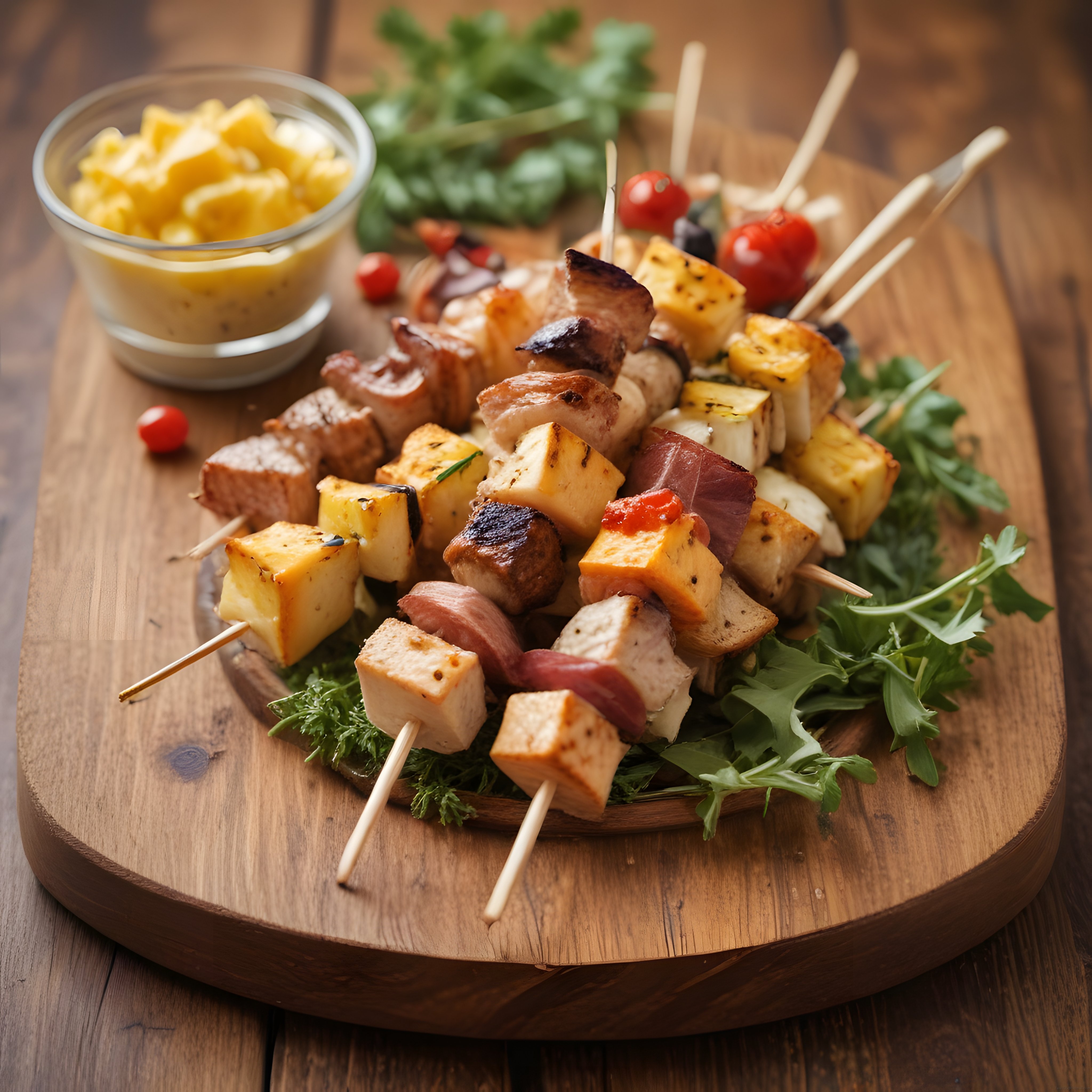 Ahşap Sunum Tahtasında Izgara Şiş Kebap, Peynir ve Ananas Eşleşmesi