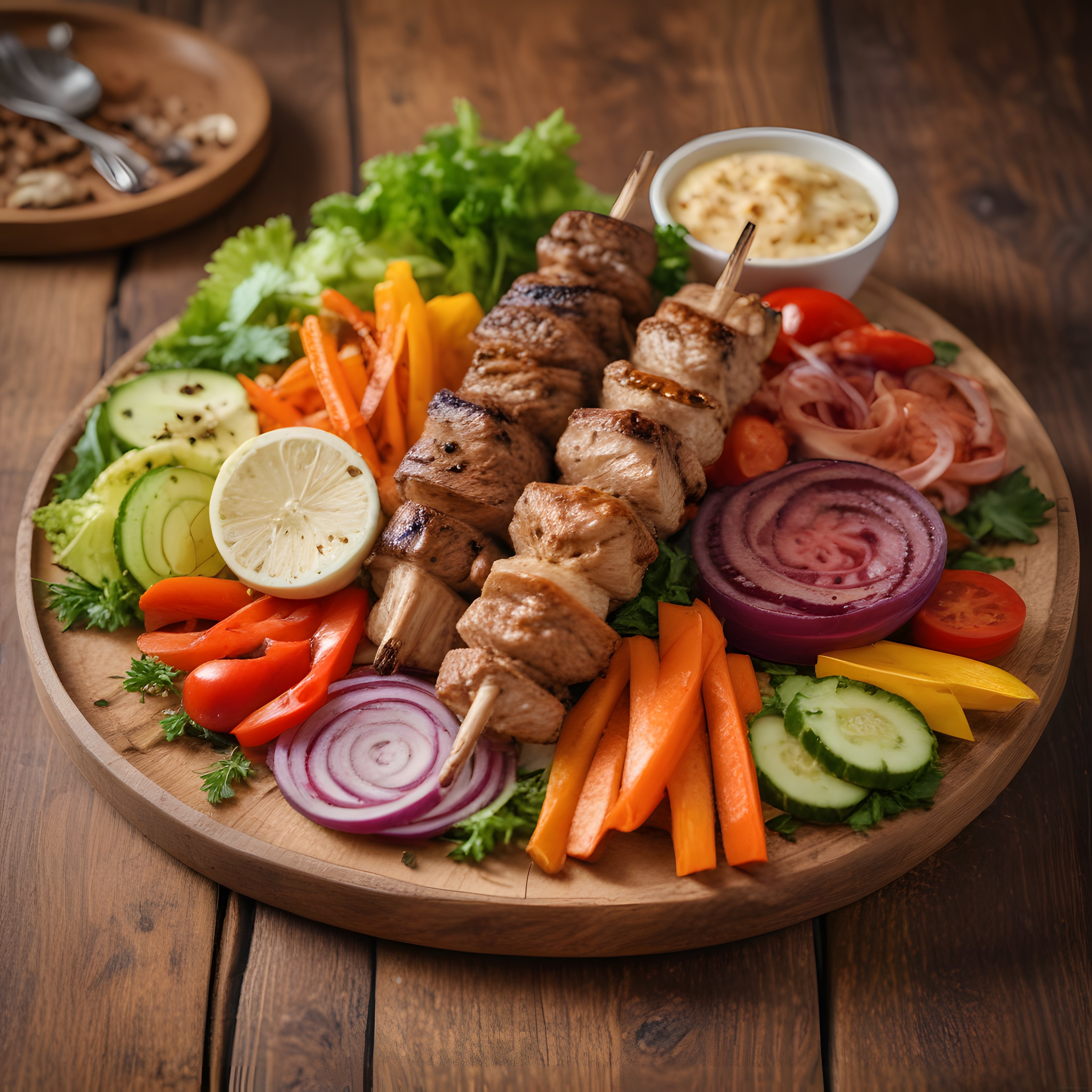 Ahşap sunum tahtasında ızgara şiş kebap, renkli sebzeler ve özel sos ile tabak