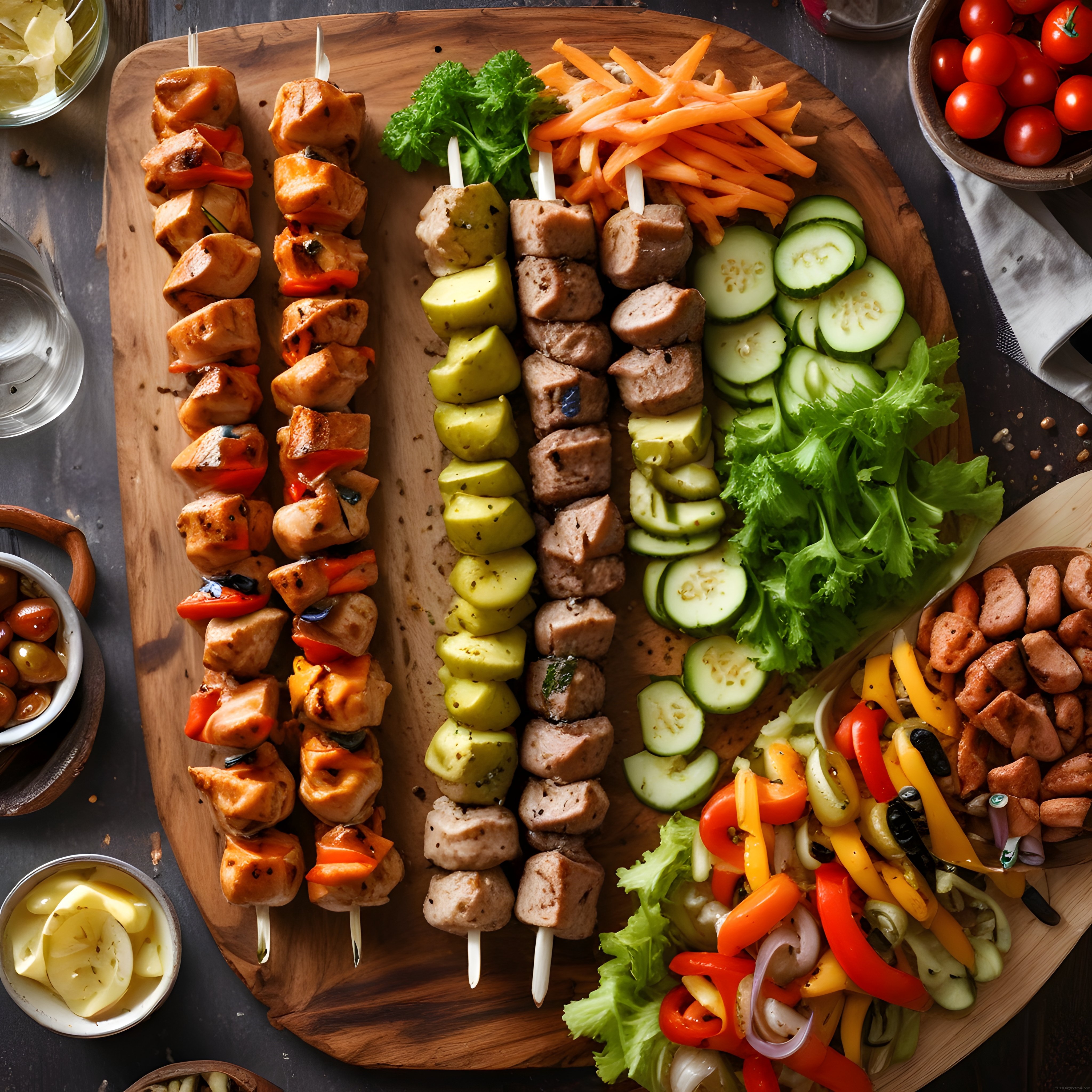 Ahşap Sunum Tahtasında Izgara Şiş Kebap, Soslar ve Renkli Sebzeler
