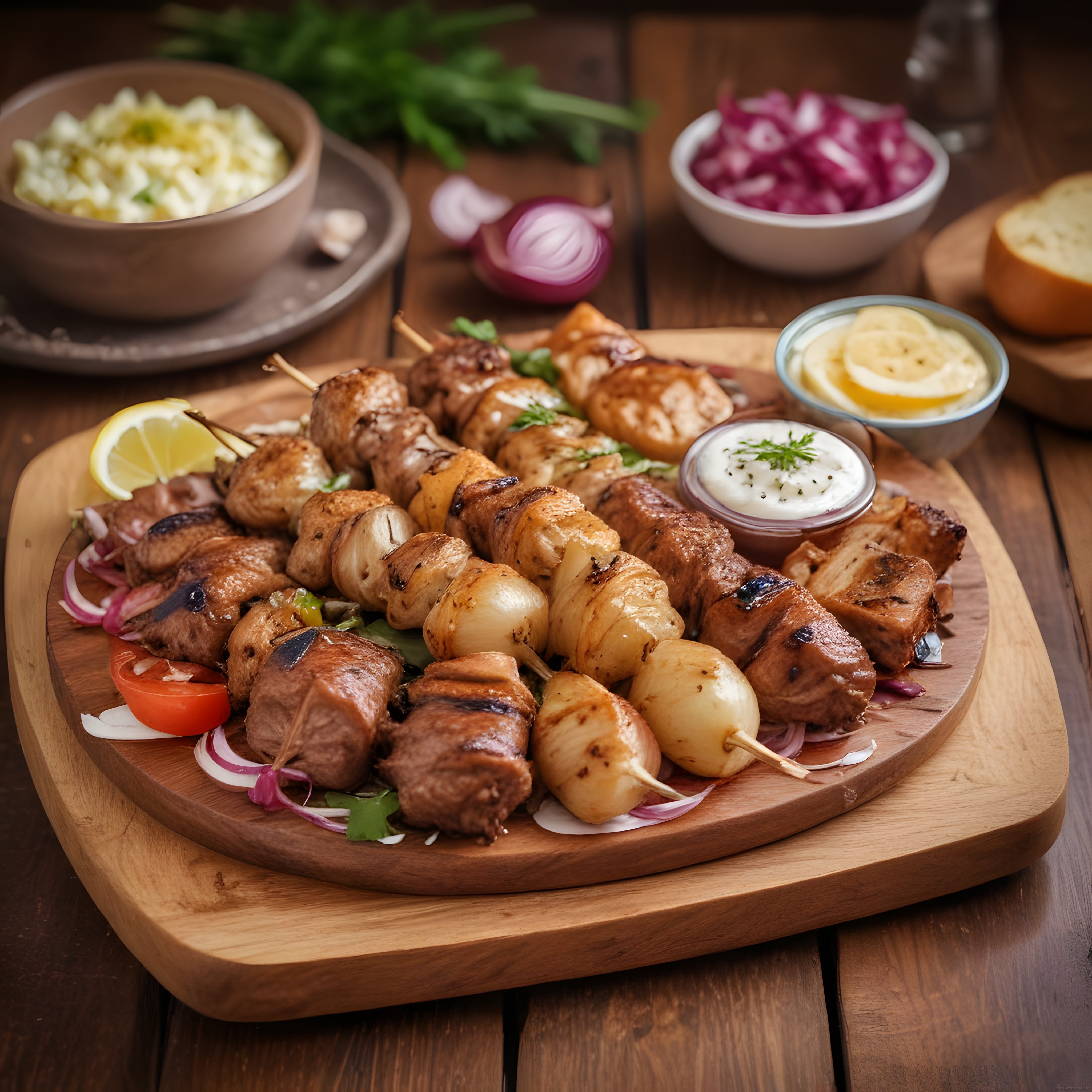 Ahşap Sunum Tahtasında Izgara Şiş Kebap, Tavuk ve Özel Soslar
