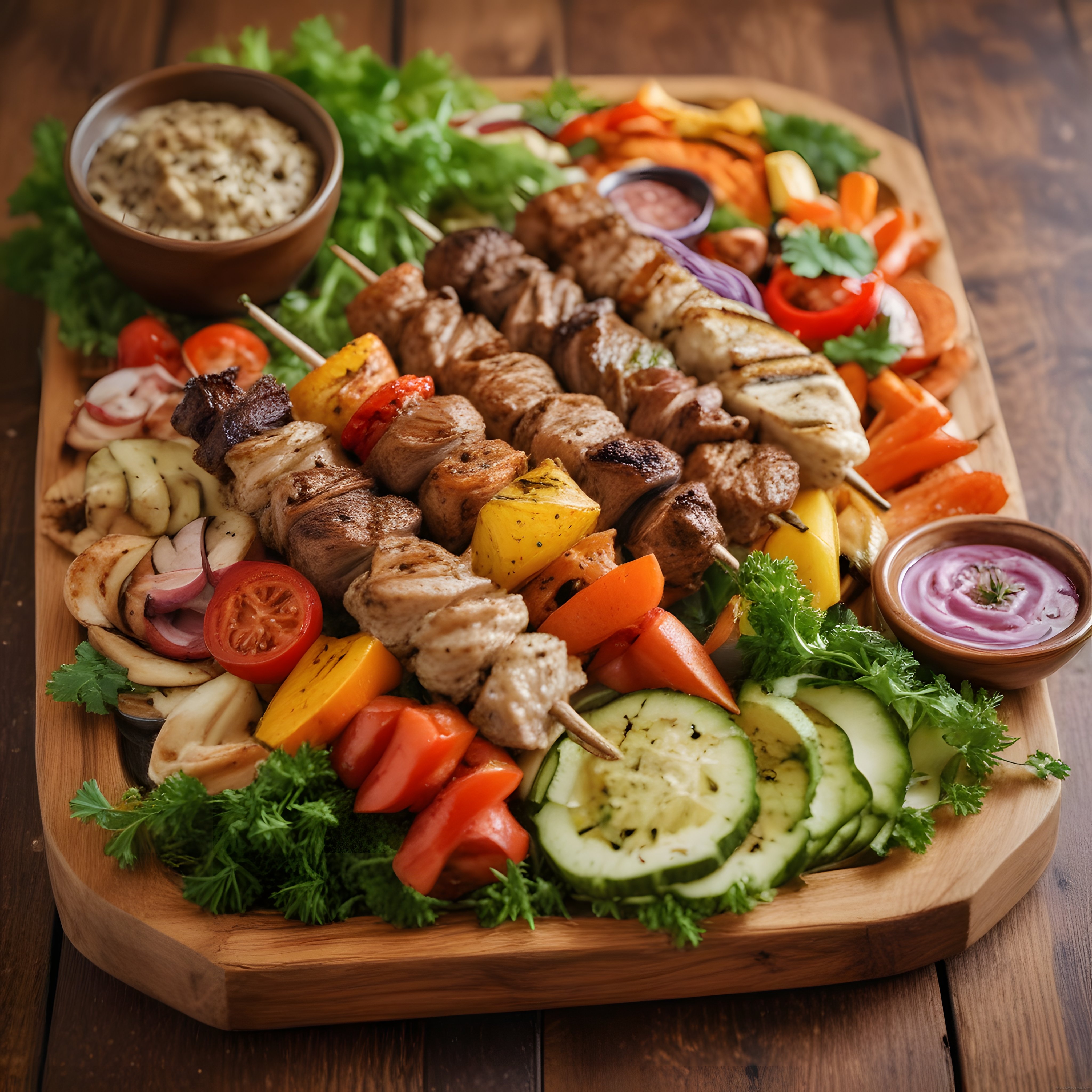Ahşap Sunum Tahtasında Izgara Şiş ve Taze Sebzelerle Zengin Kebap Tabağı