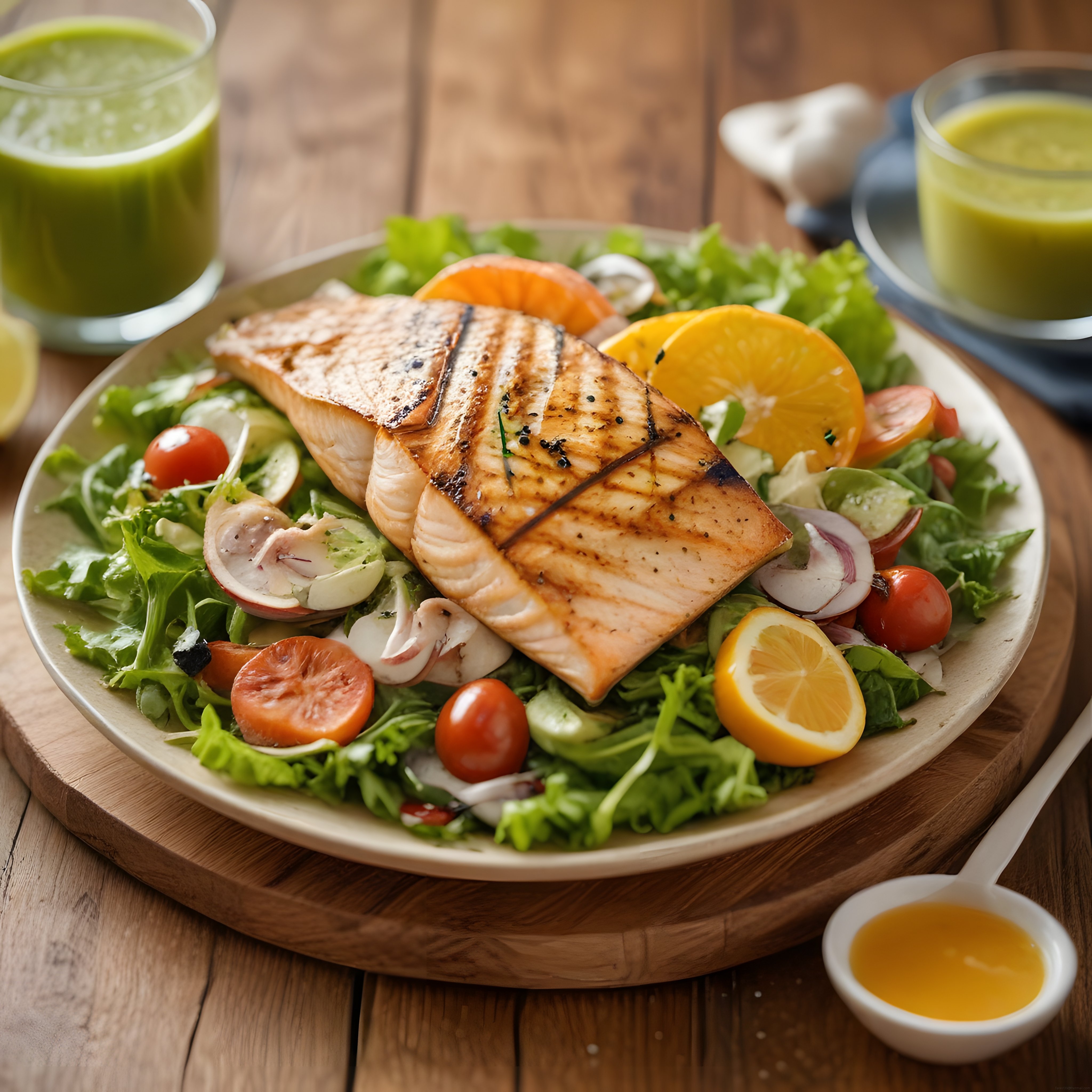 Ahşap Sunum Tahtasında Izgara Somonlu Taze Salata ve Sağlıklı İçecek