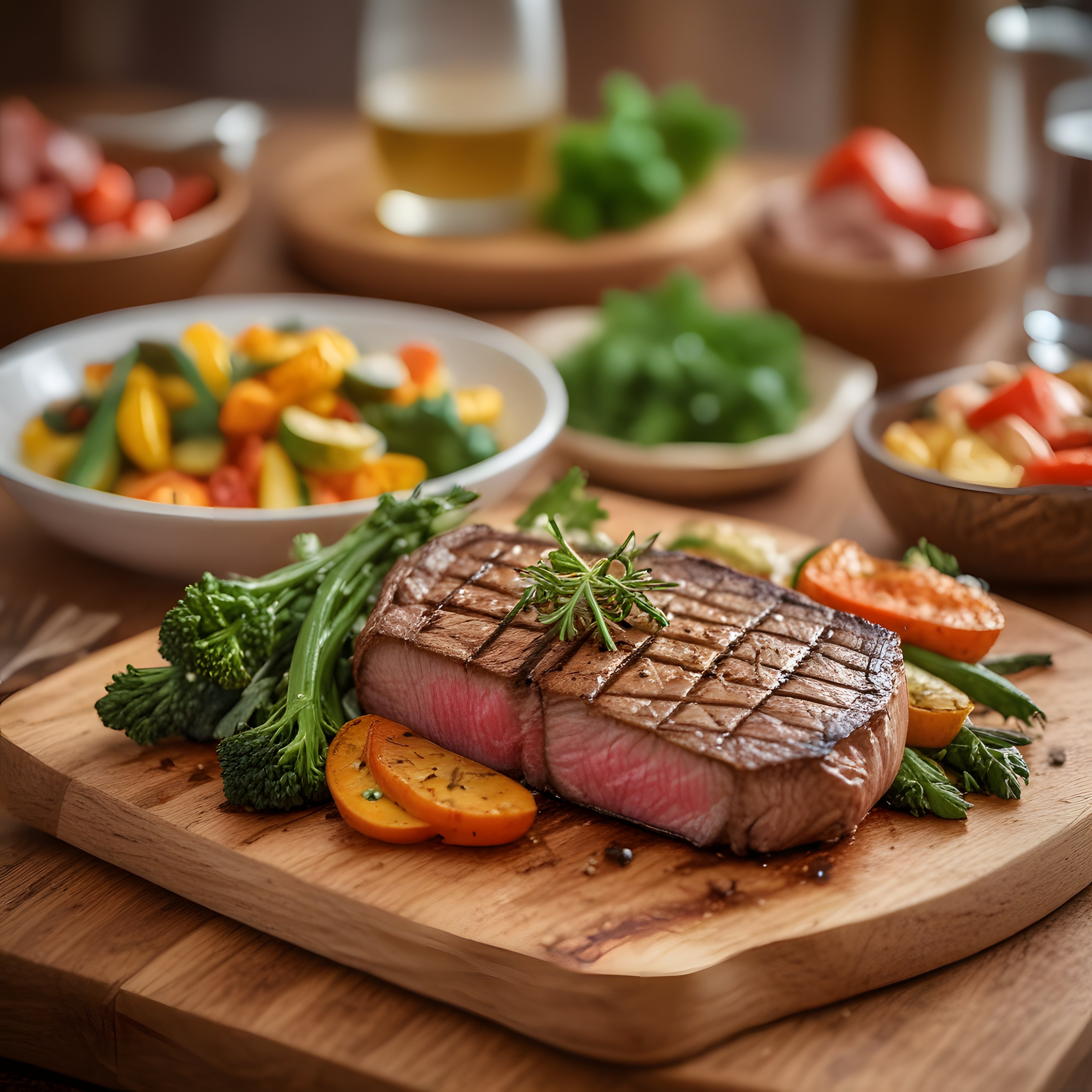 Ahşap Sunum Tahtasında Izgara Steak ve Renkli Sebzelerle Şık Bir Yemek