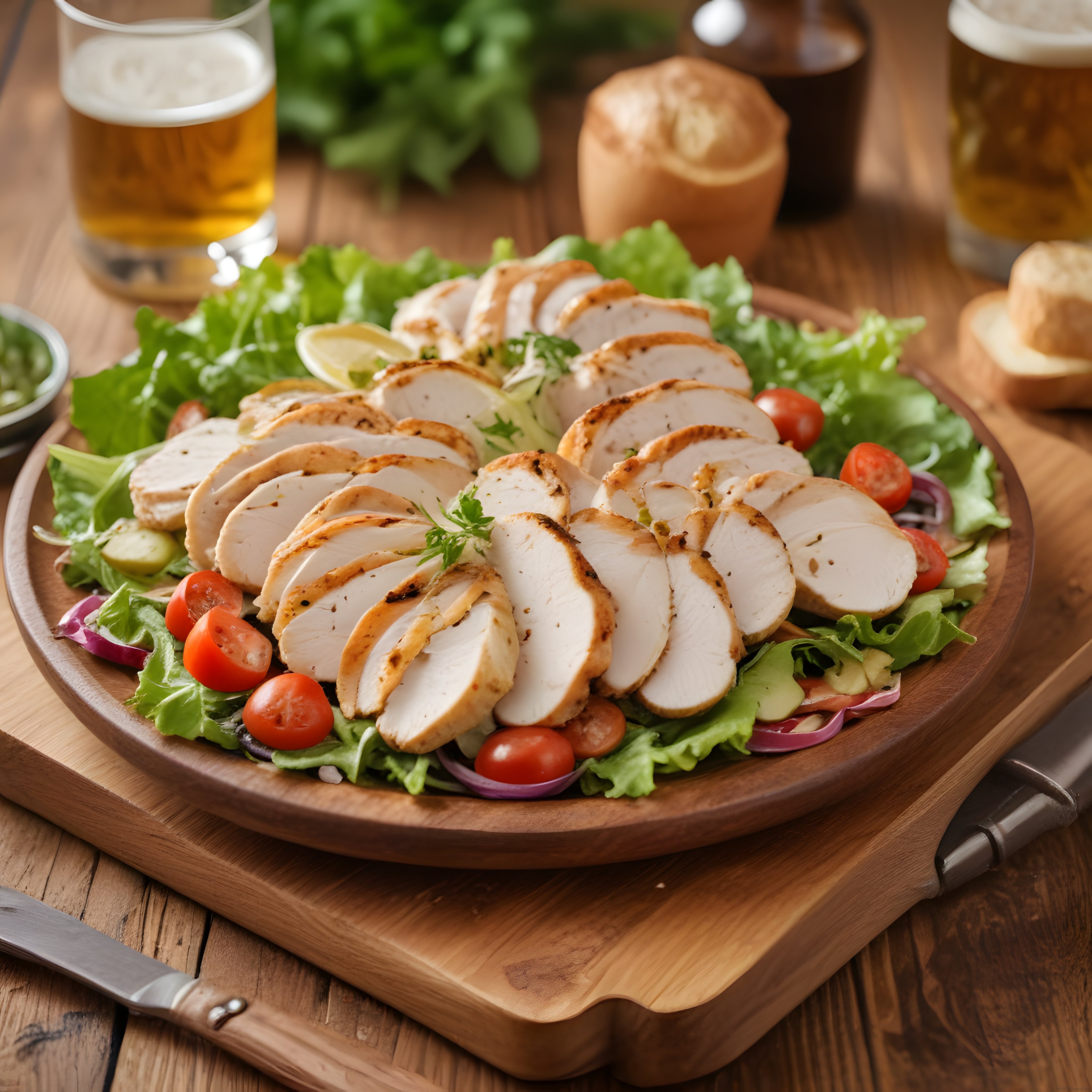 Ahşap Sunum Tahtasında Izgara Tavuk Göğsü ve Taze Salata Eşliğinde Bira